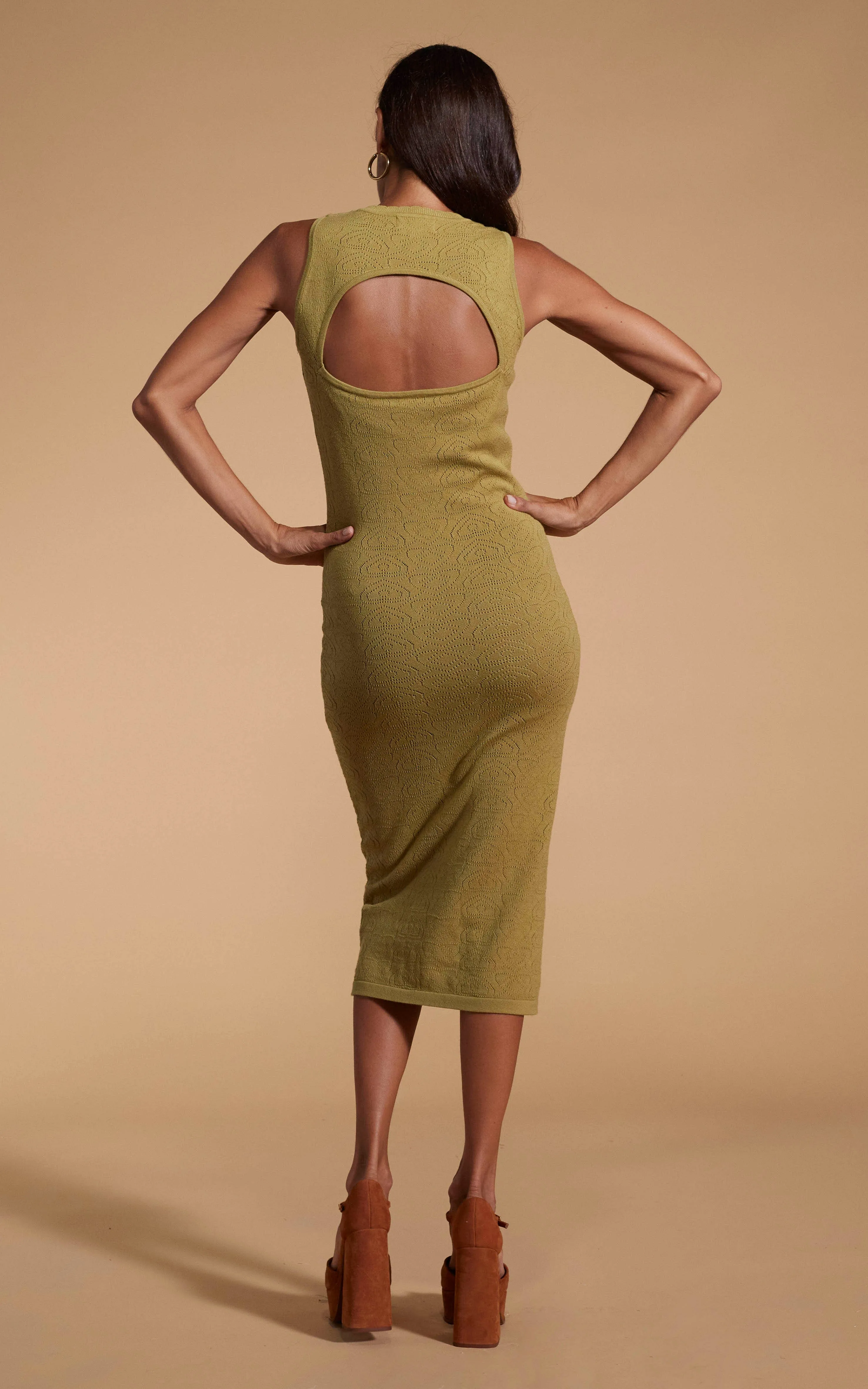 Cleo Pointelle Midi Dress in Khaki