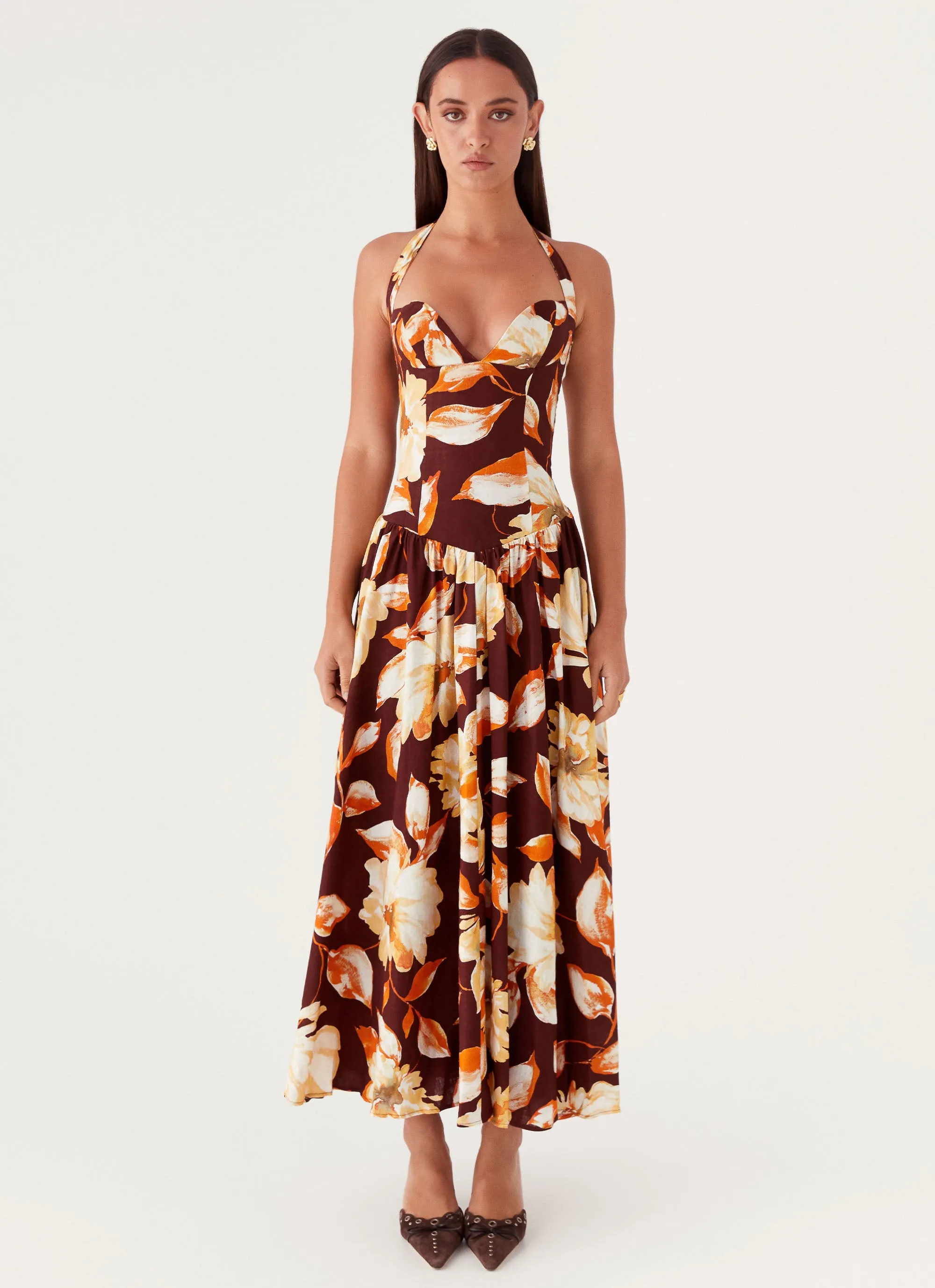 Dahlia Linen Maxi Dress - Brown Floral