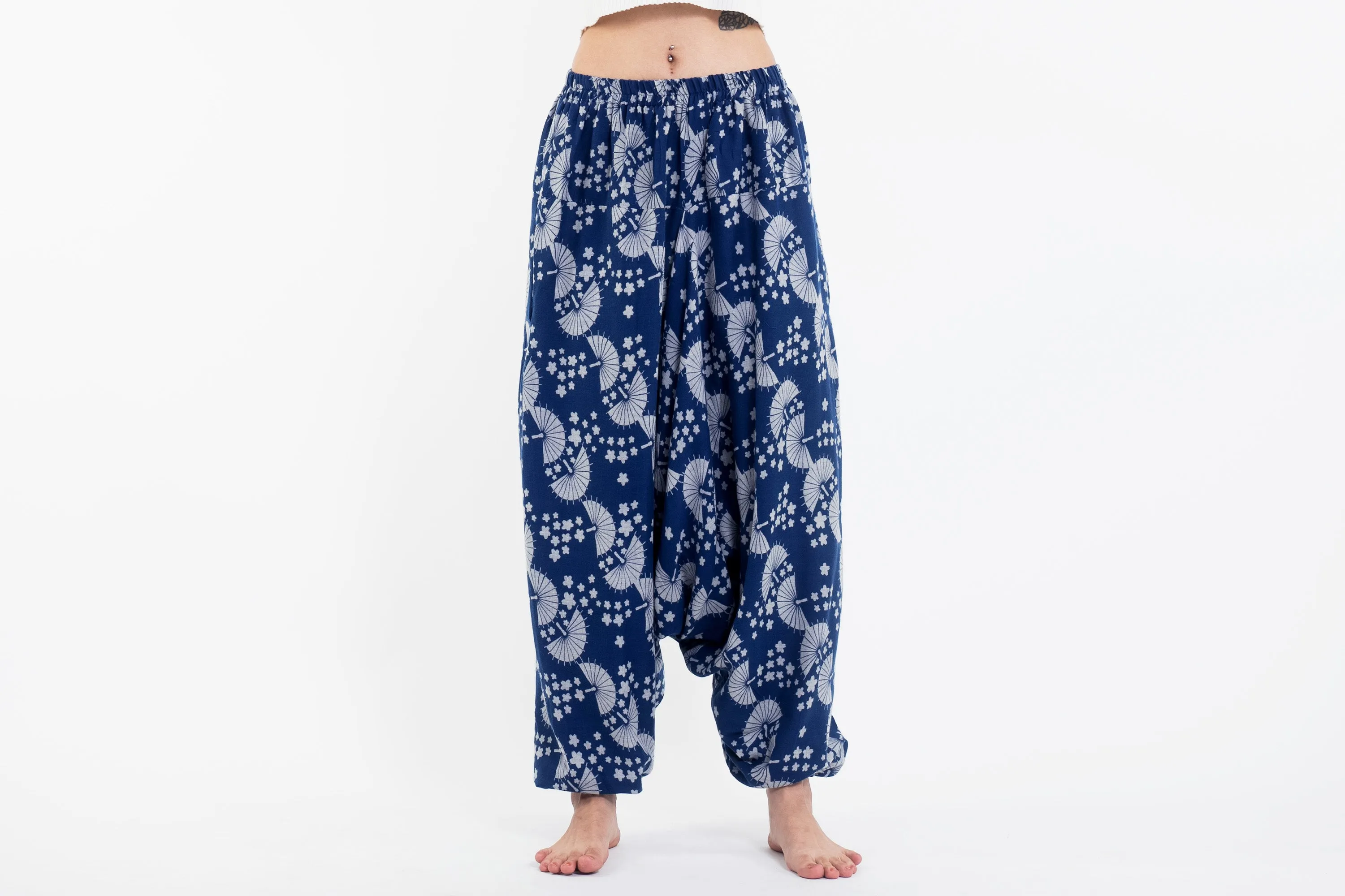 Fan Prints Women's Low Cut Cotton Harem Pants in Indigo