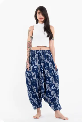 Fan Prints Women's Low Cut Cotton Harem Pants in Indigo