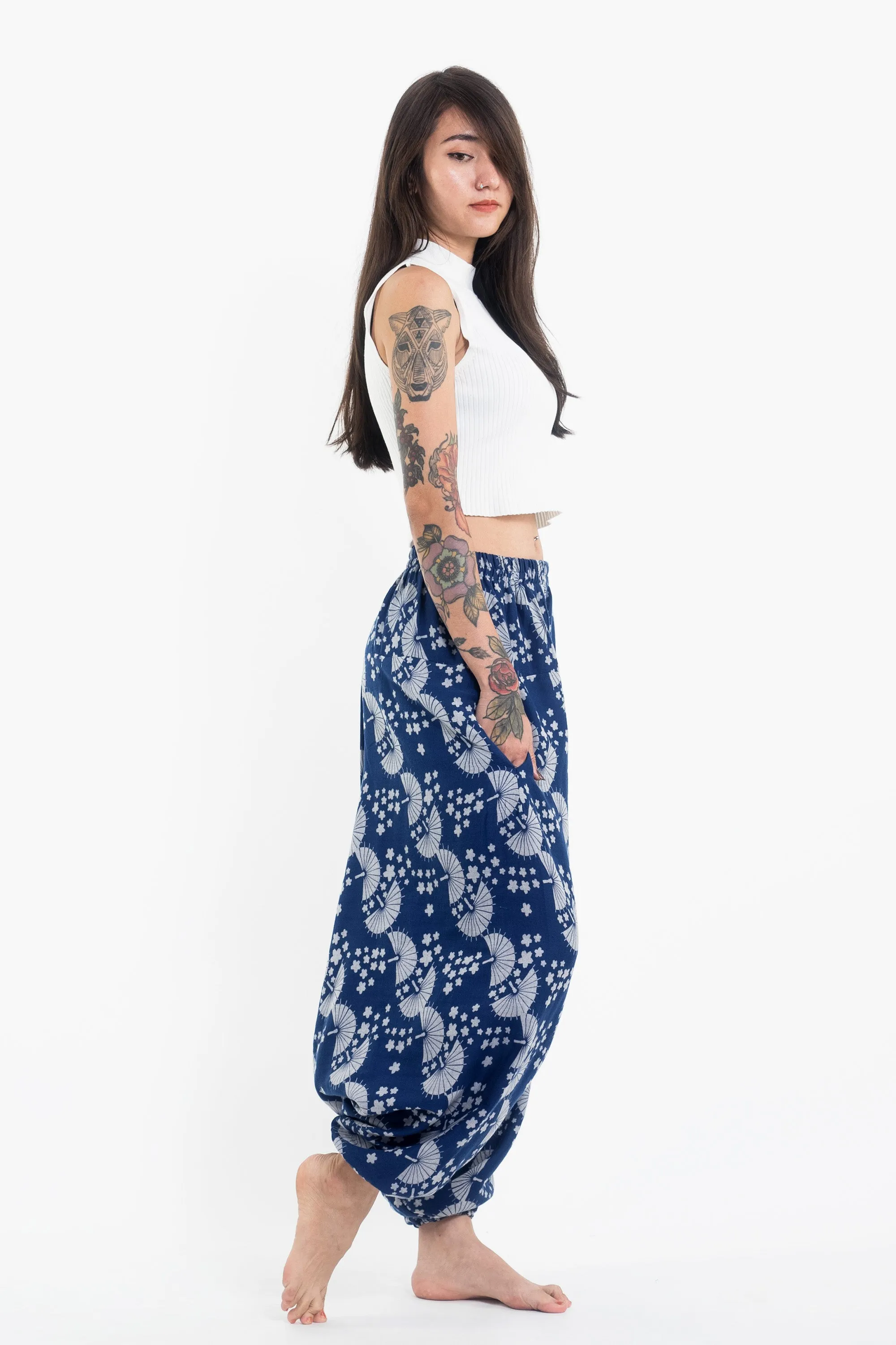 Fan Prints Women's Low Cut Cotton Harem Pants in Indigo