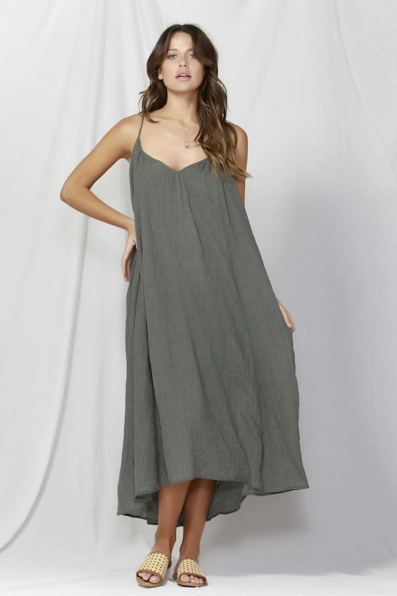 Fate   Becker Sunday Strap Maxi Dress in Khaki