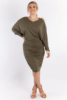 FINAL SALE Ruche Dress in Khaki