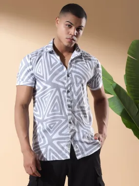 Grey Half Casual Printed Cotton Shirt Regular Fit For Man