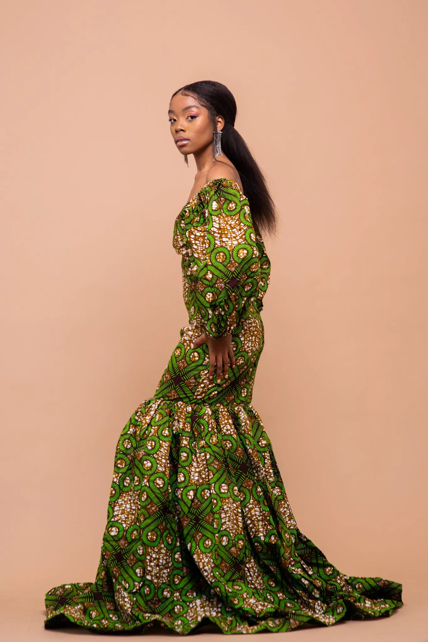 Hauwa Ankara Maxi Dress | Green and Brown African Print