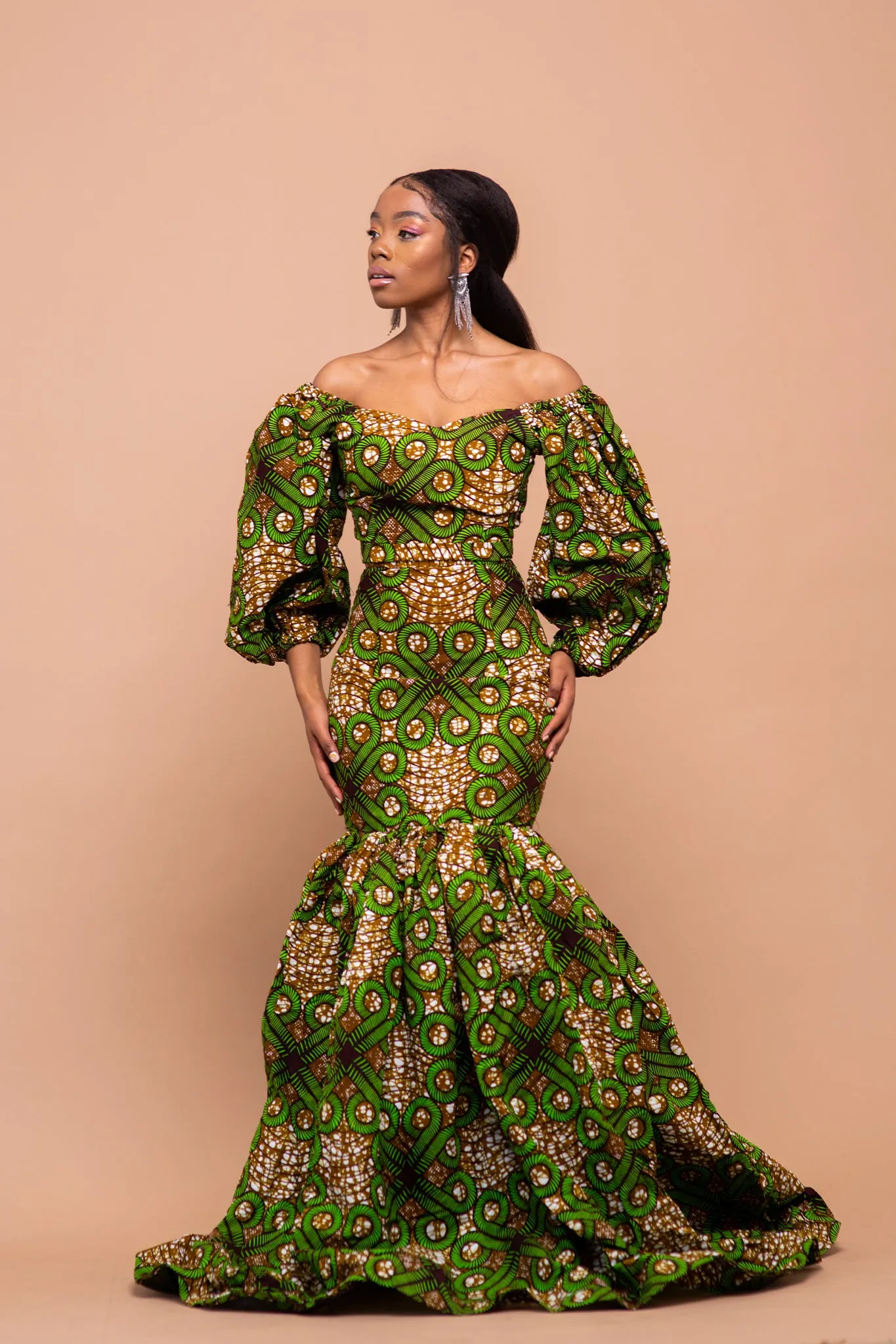 Hauwa Ankara Maxi Dress | Green and Brown African Print