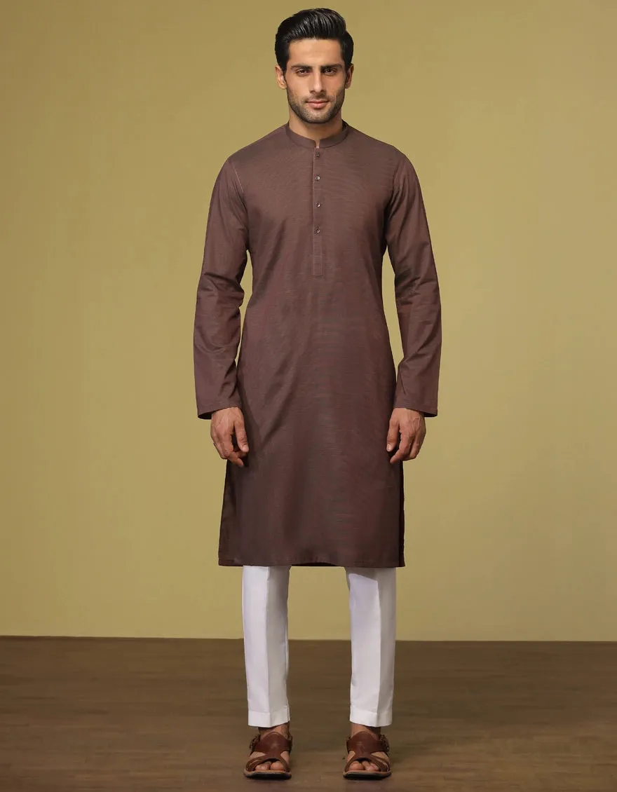 J. Mens Brown Cotton Casual Plain 2-Piece Kurta   Trouser