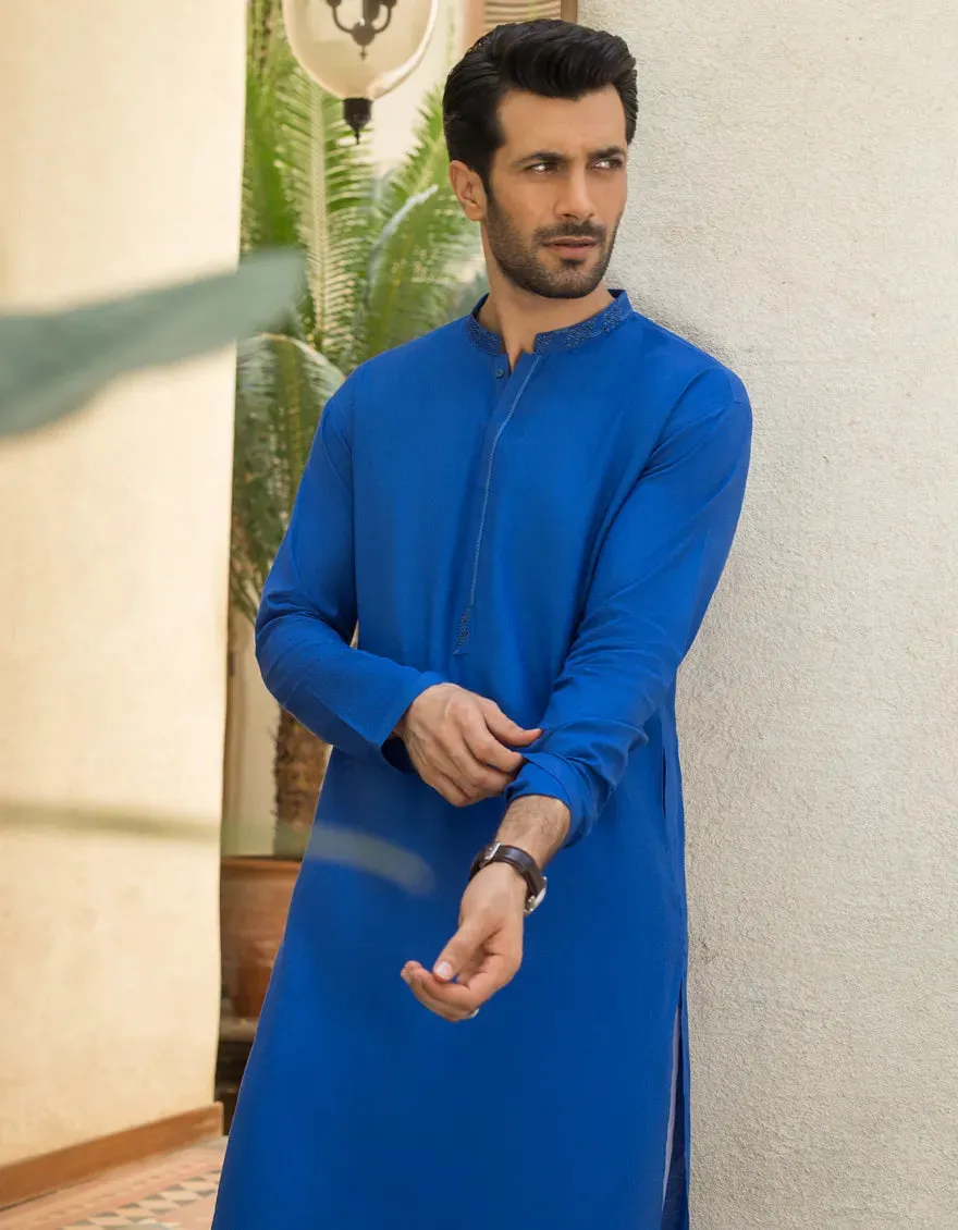 J. Mens Cobalt Blue Cotton Casual 2-Piece Kurta   Trouser