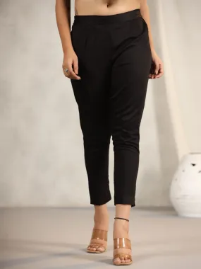 Juniper Black Cotton Lycra Pants For Women With Partially Elasticated Waistband