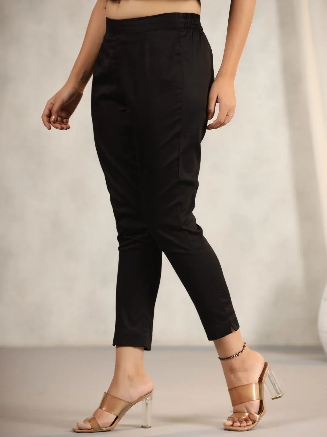 Juniper Black Cotton Lycra Pants For Women With Partially Elasticated Waistband