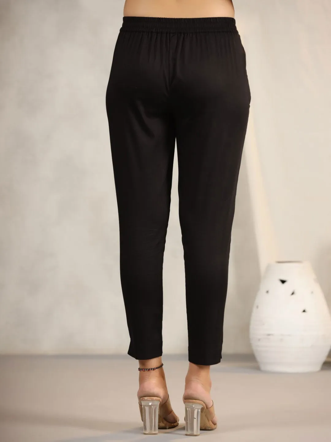 Juniper Black Cotton Lycra Pants For Women With Partially Elasticated Waistband