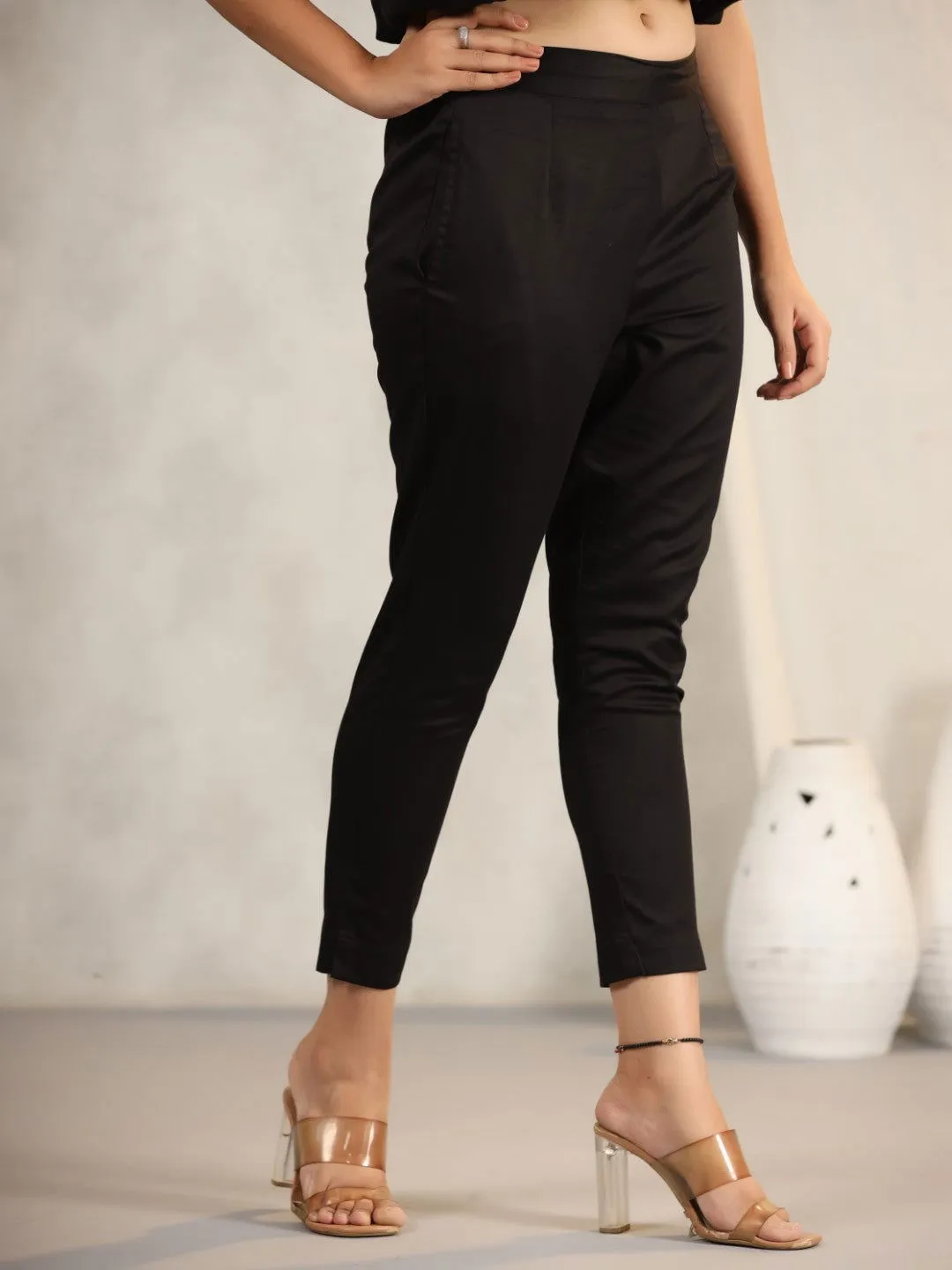 Juniper Black Cotton Lycra Pants For Women With Partially Elasticated Waistband