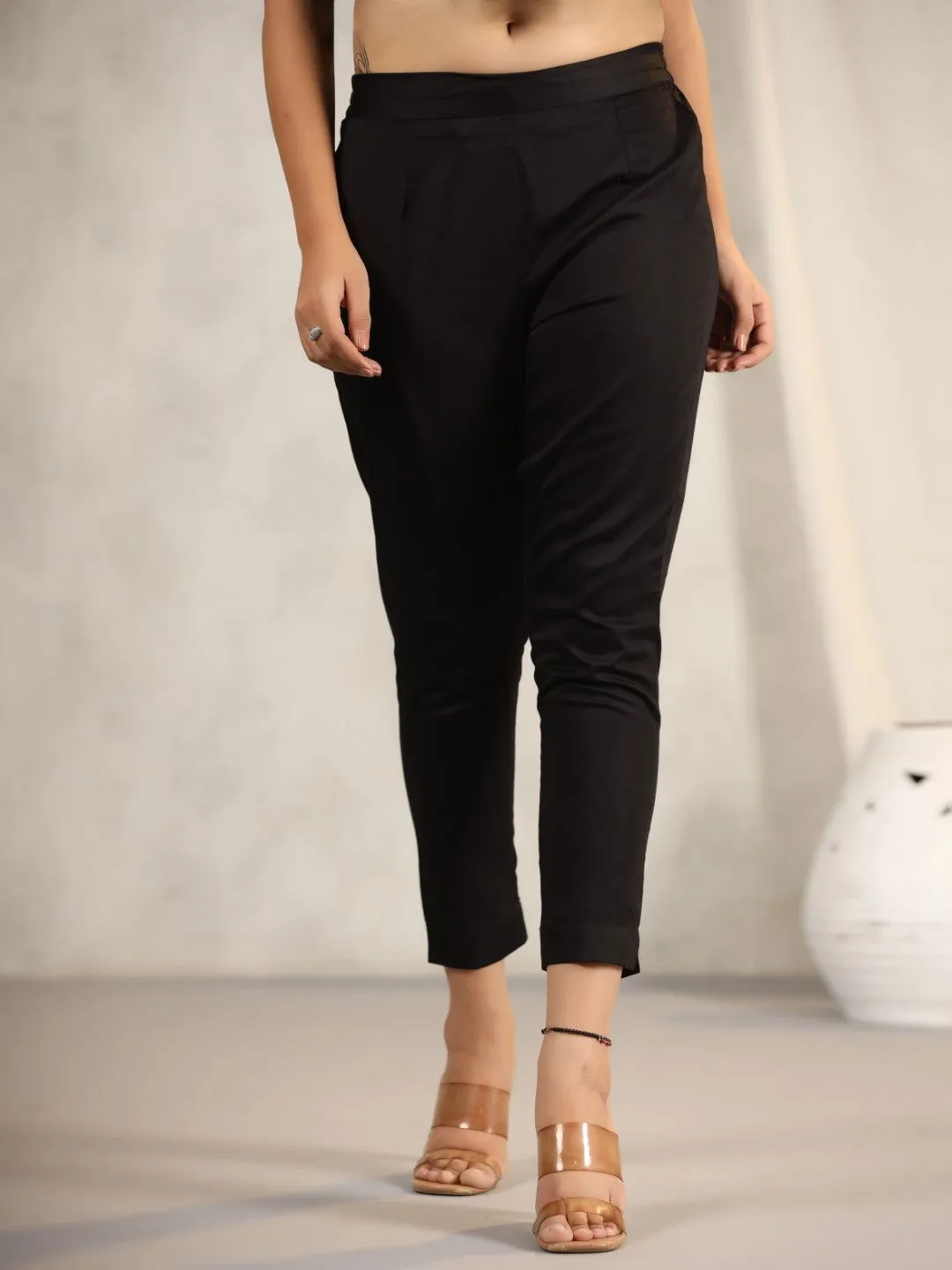 Juniper Black Cotton Lycra Pants For Women With Partially Elasticated Waistband