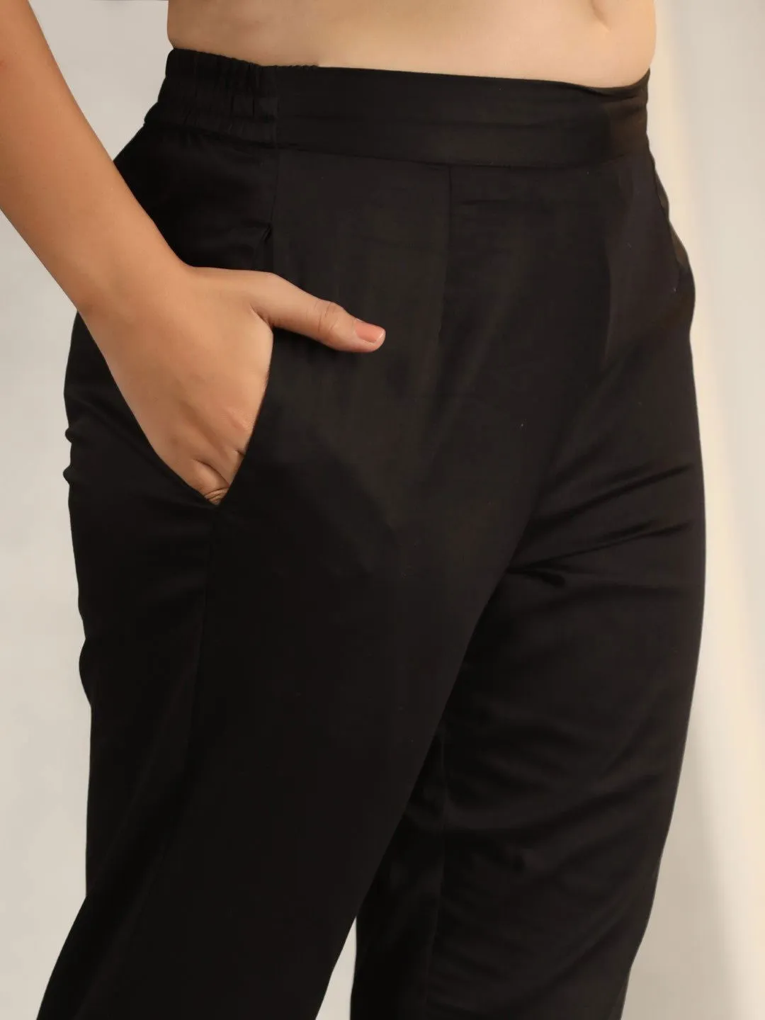 Juniper Black Cotton Lycra Pants For Women With Partially Elasticated Waistband