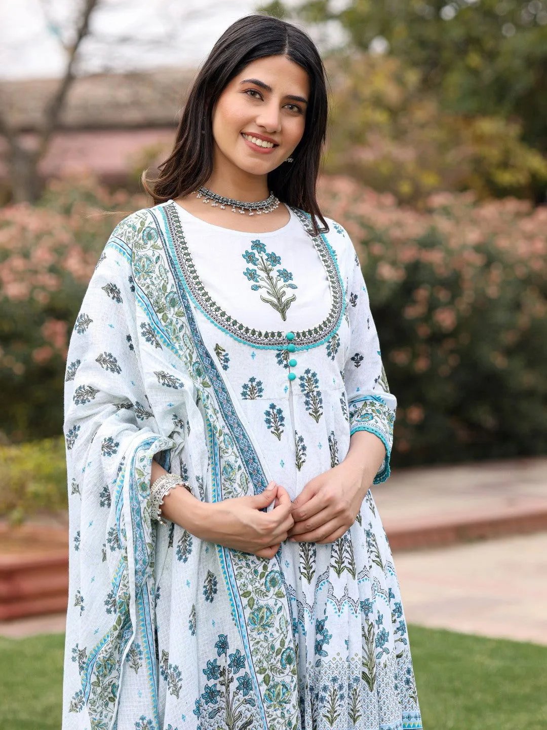 Juniper Ethnic Motif Print Cotton Cambric Anarkali Kurta & Kota doria dupatta & Pants with tread embroidery