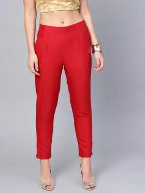 Juniper Red Solid Cotton Flex Slim Fit Women Pants With Two Pockets