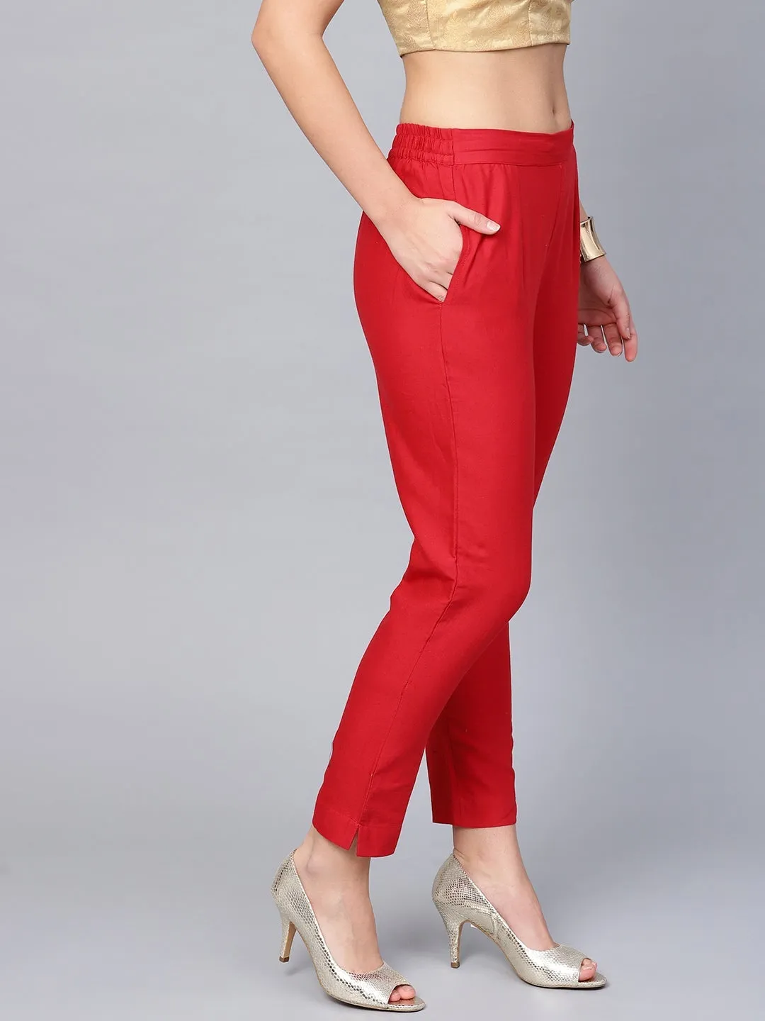 Juniper Red Solid Cotton Flex Slim Fit Women Pants With Two Pockets