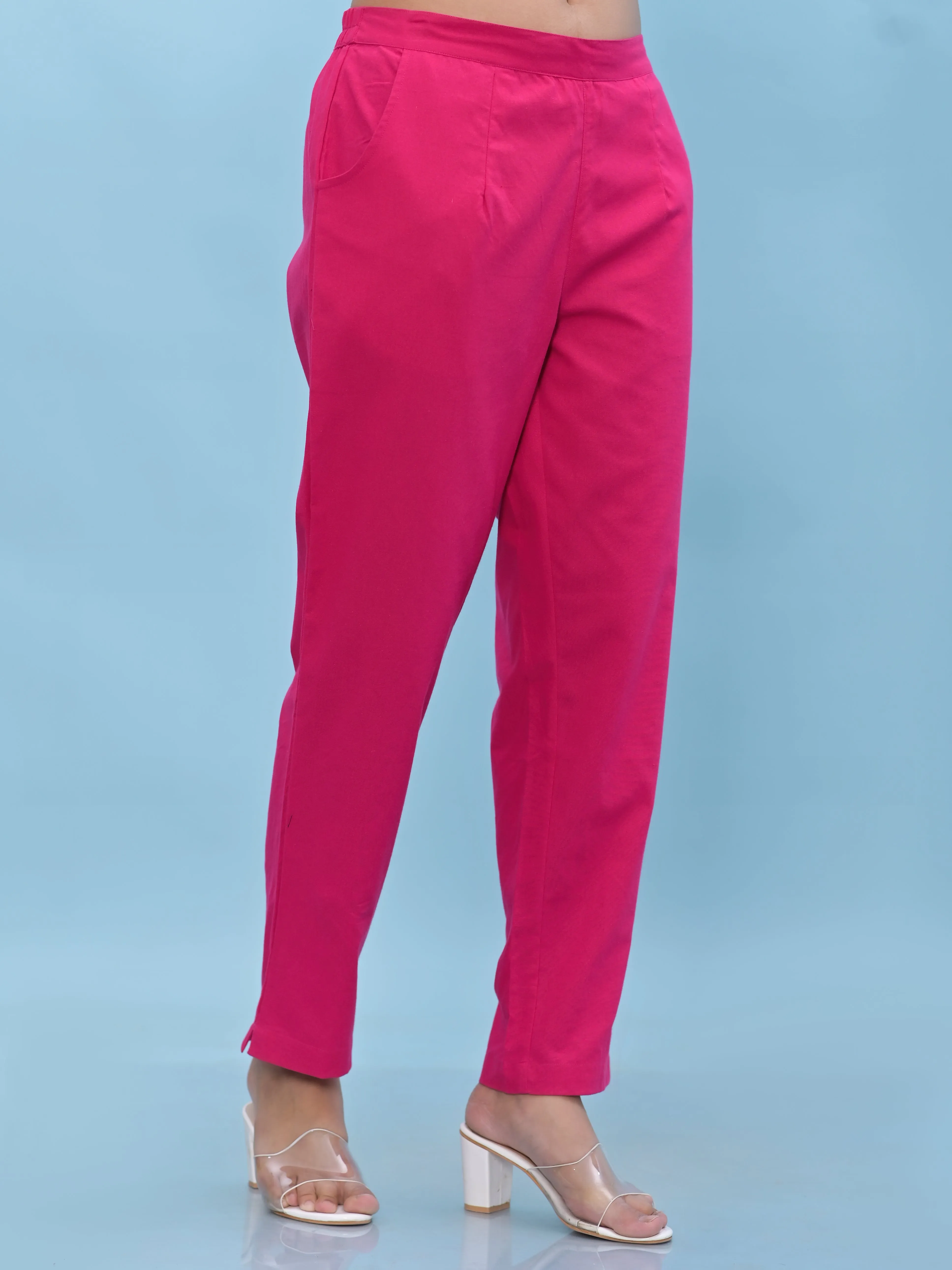 Juniper Women Fuchsia Solid Cotton Pants with Partially Elasticated Waistband and Two Side Pockets