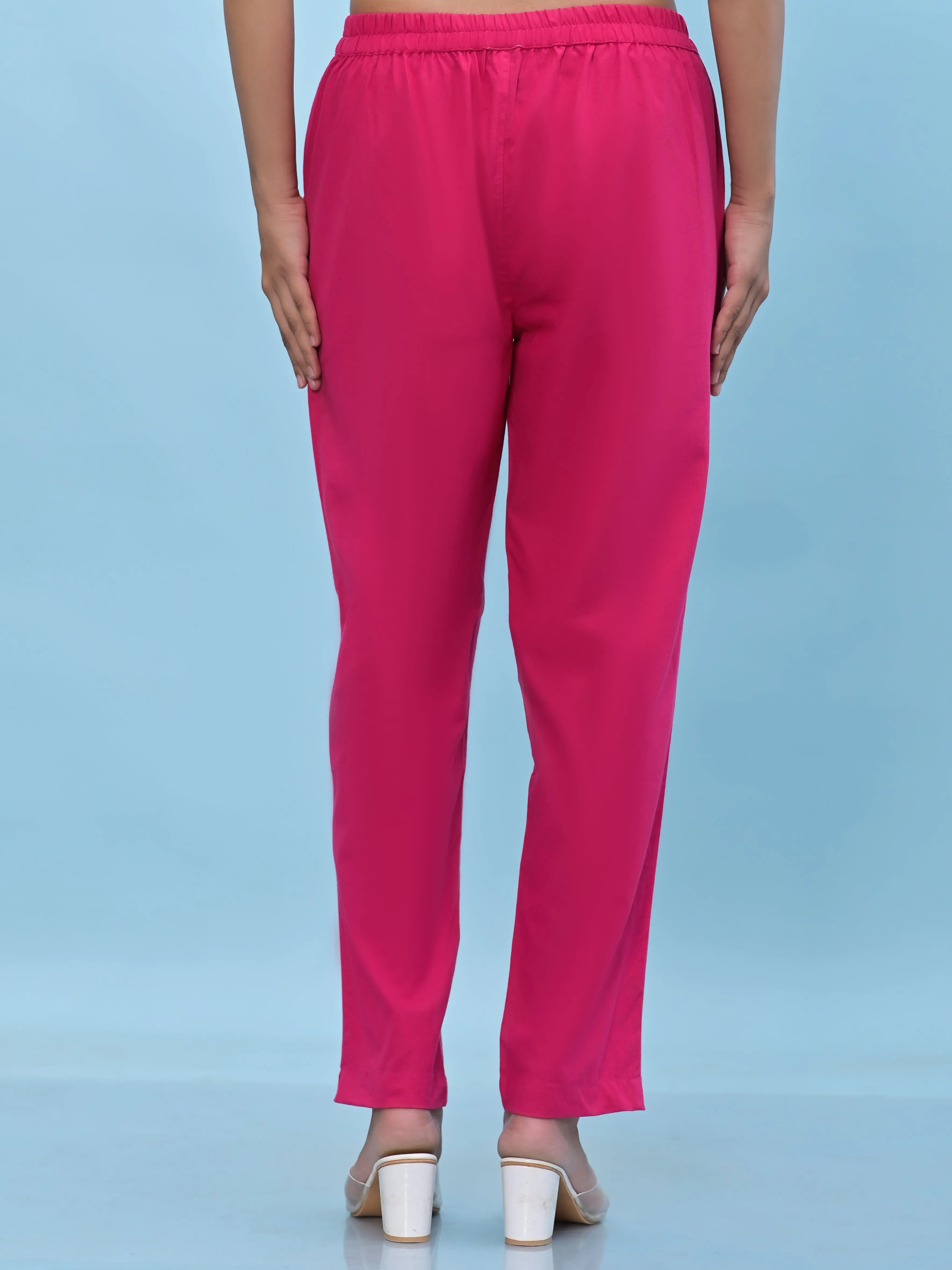 Juniper Women Fuchsia Solid Cotton Pants with Partially Elasticated Waistband and Two Side Pockets