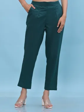 Juniper Women Green Solid Cotton Pants with Partially Elasticated Waistband and Two Side Pockets