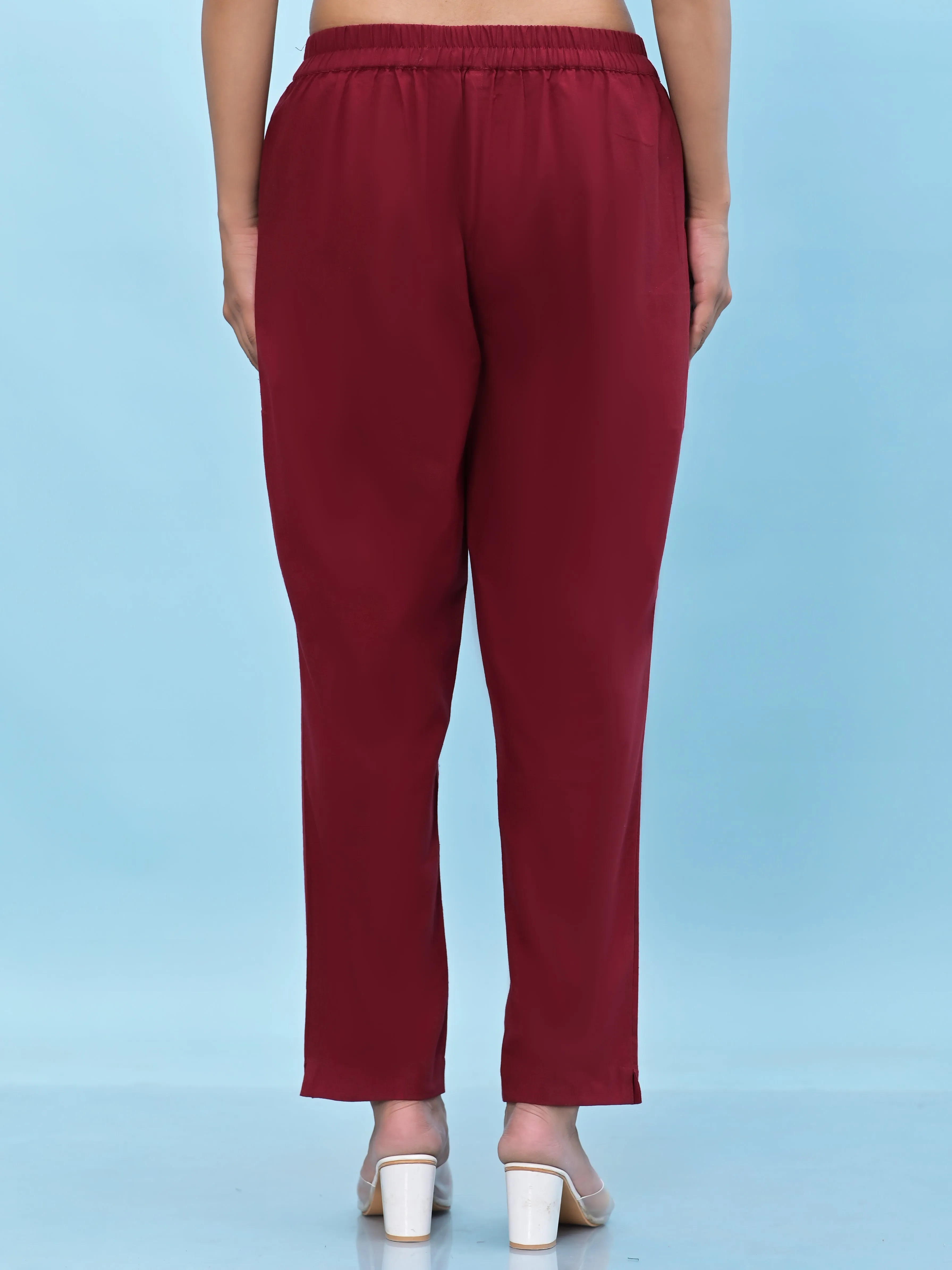 Juniper Women Maroon Solid Cotton Pants with Partially Elasticated Waistband and Two Side Pockets