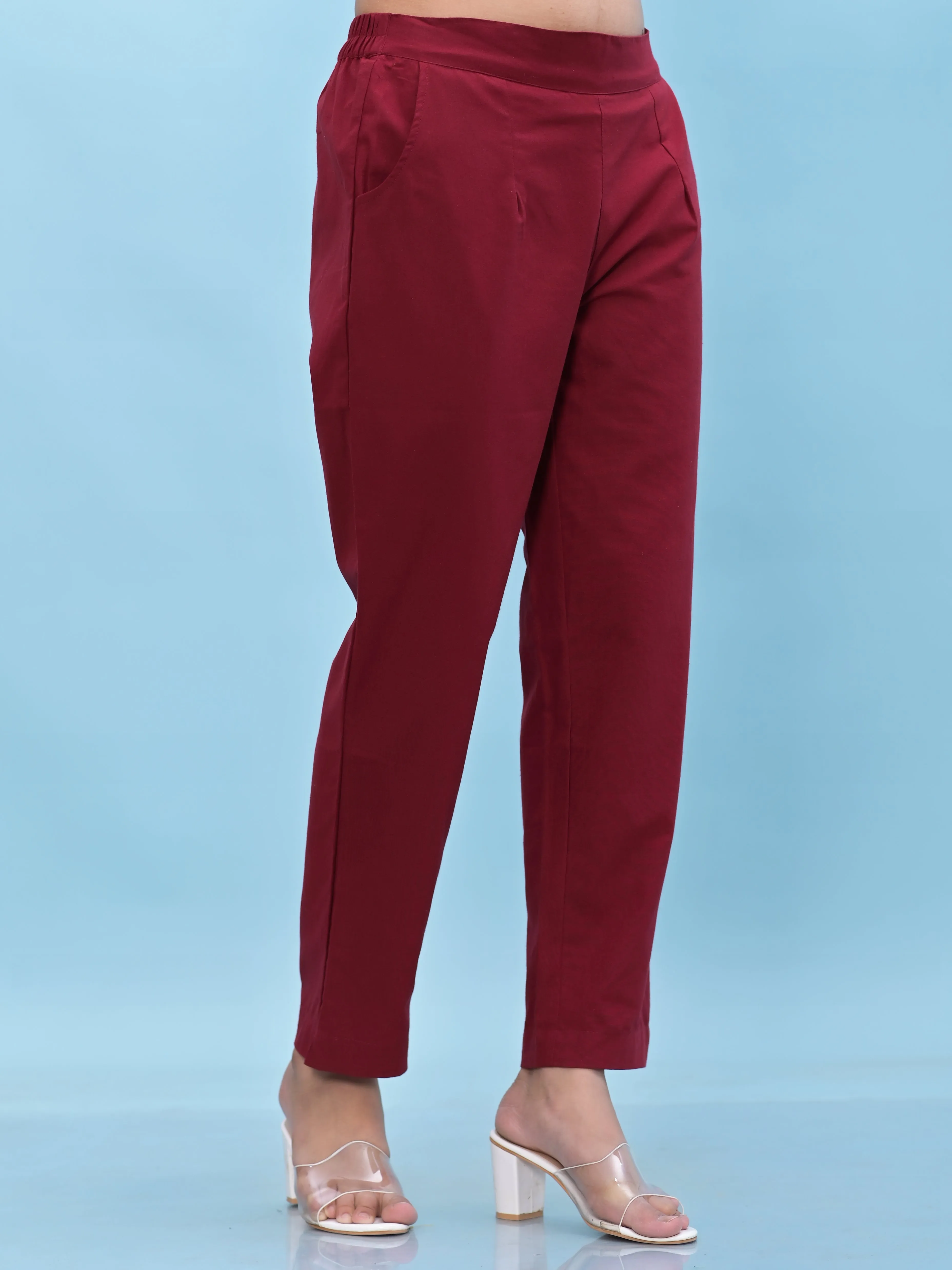 Juniper Women Maroon Solid Cotton Pants with Partially Elasticated Waistband and Two Side Pockets