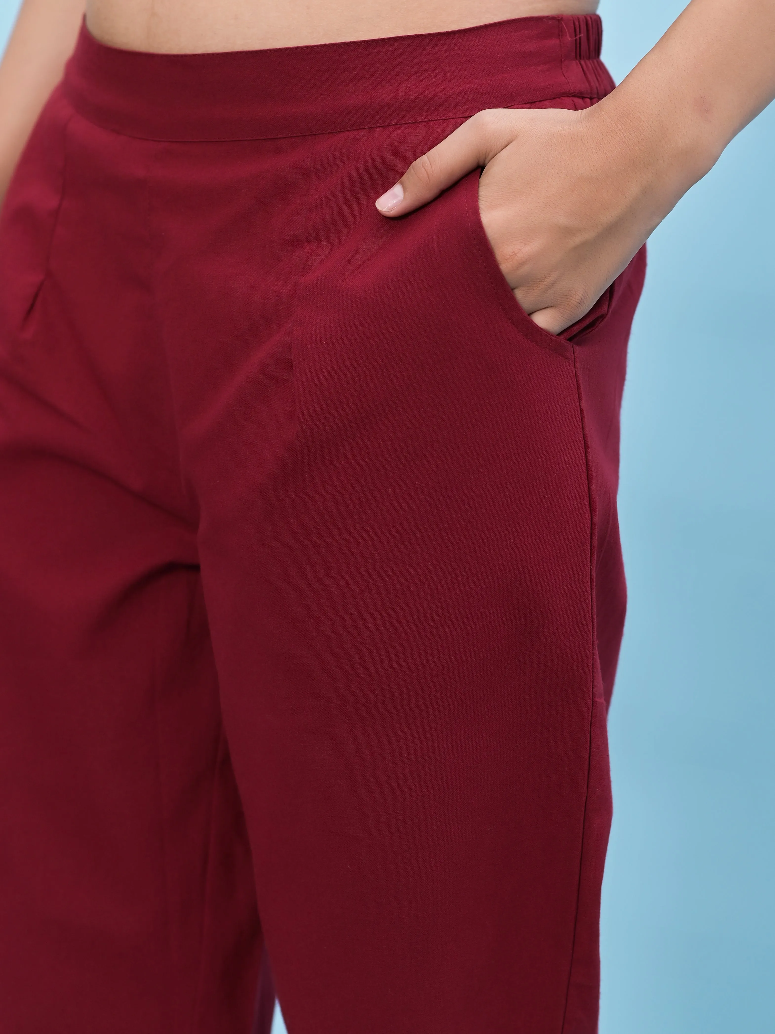 Juniper Women Maroon Solid Cotton Pants with Partially Elasticated Waistband and Two Side Pockets