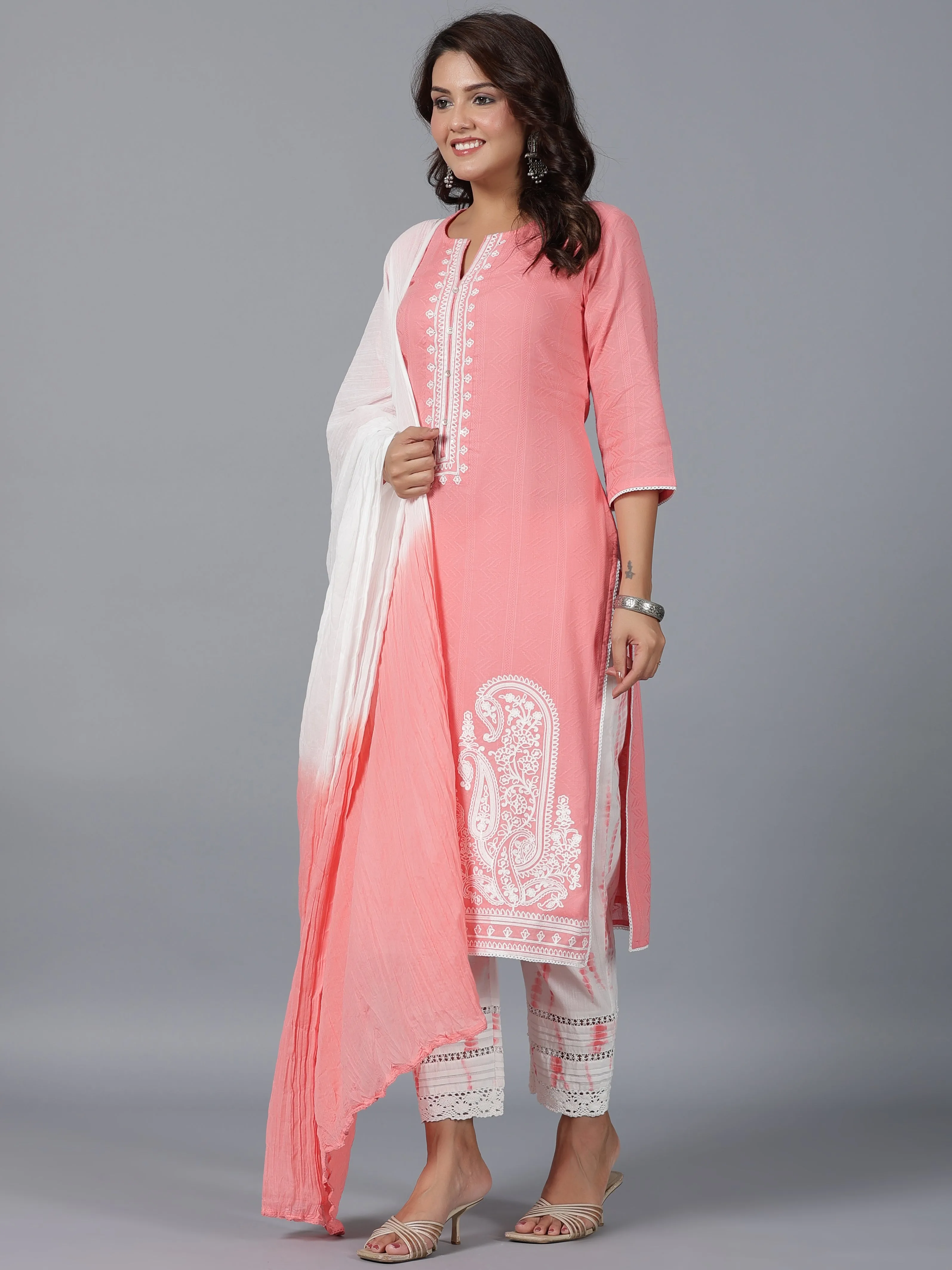 Juniper Women Peach Cotton Dobby Embroidered Kurta, Pants & Dupatta Set