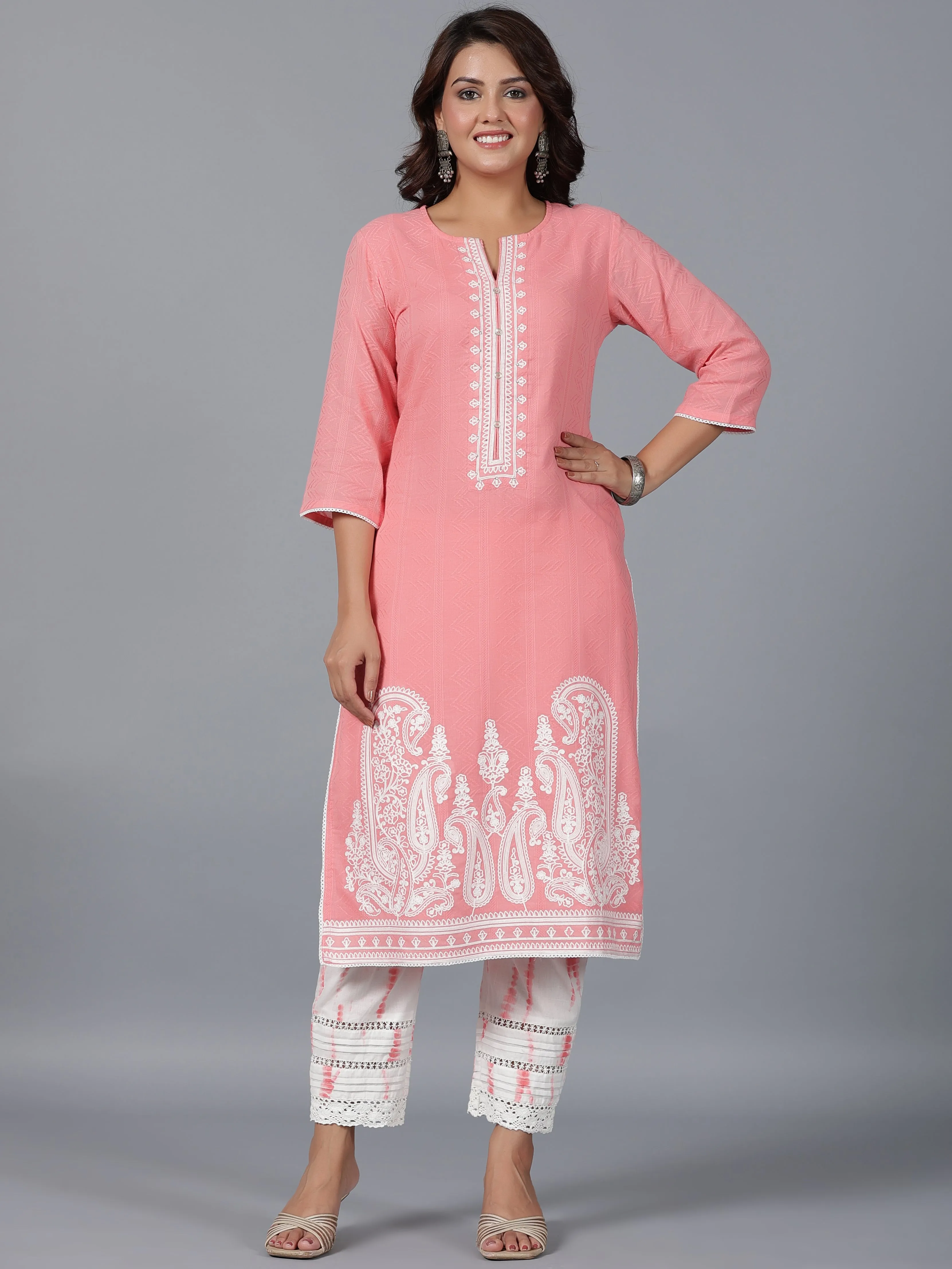 Juniper Women Peach Cotton Dobby Embroidered Kurta, Pants & Dupatta Set