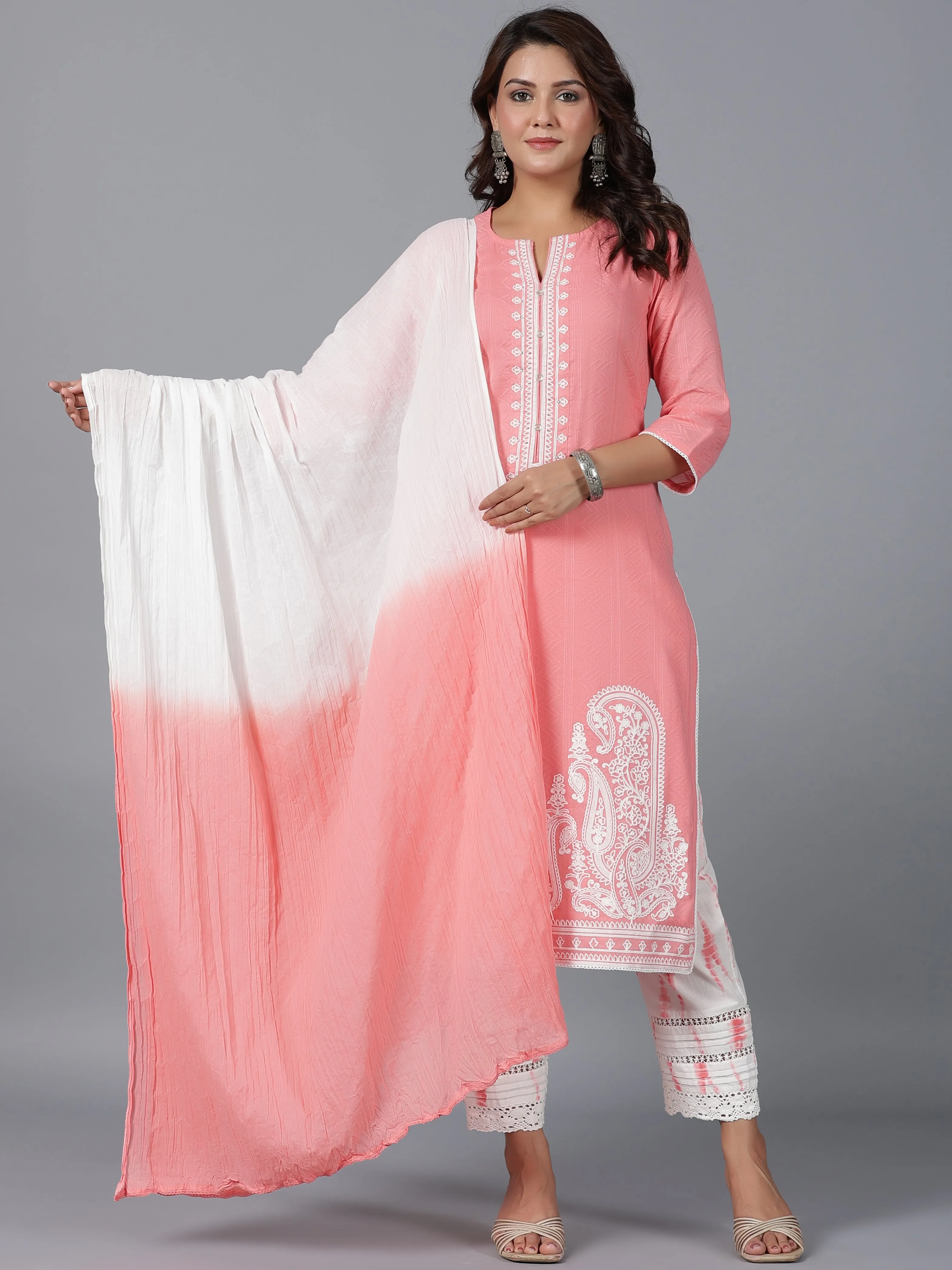 Juniper Women Peach Cotton Dobby Embroidered Kurta, Pants & Dupatta Set