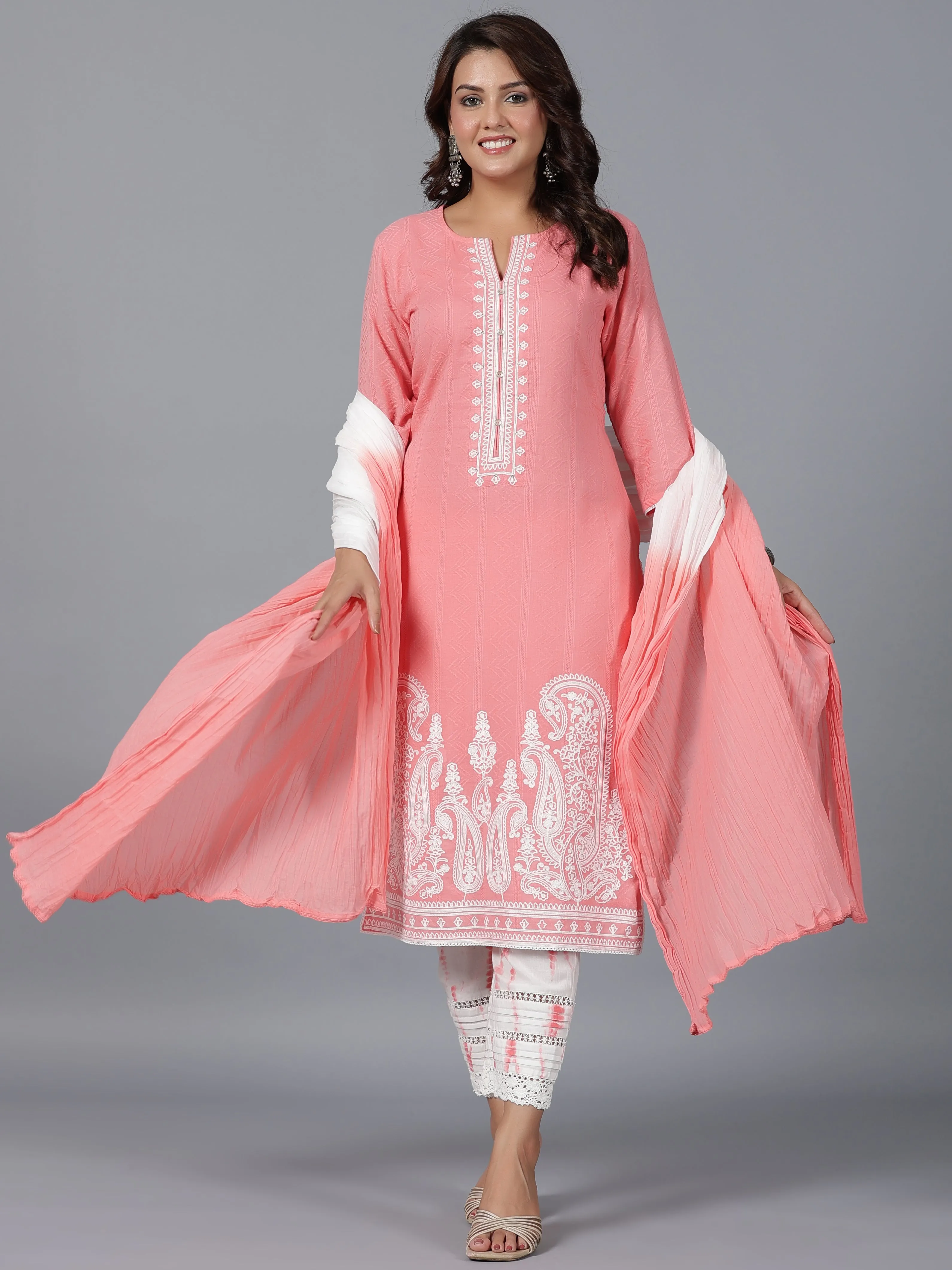 Juniper Women Peach Cotton Dobby Embroidered Kurta, Pants & Dupatta Set