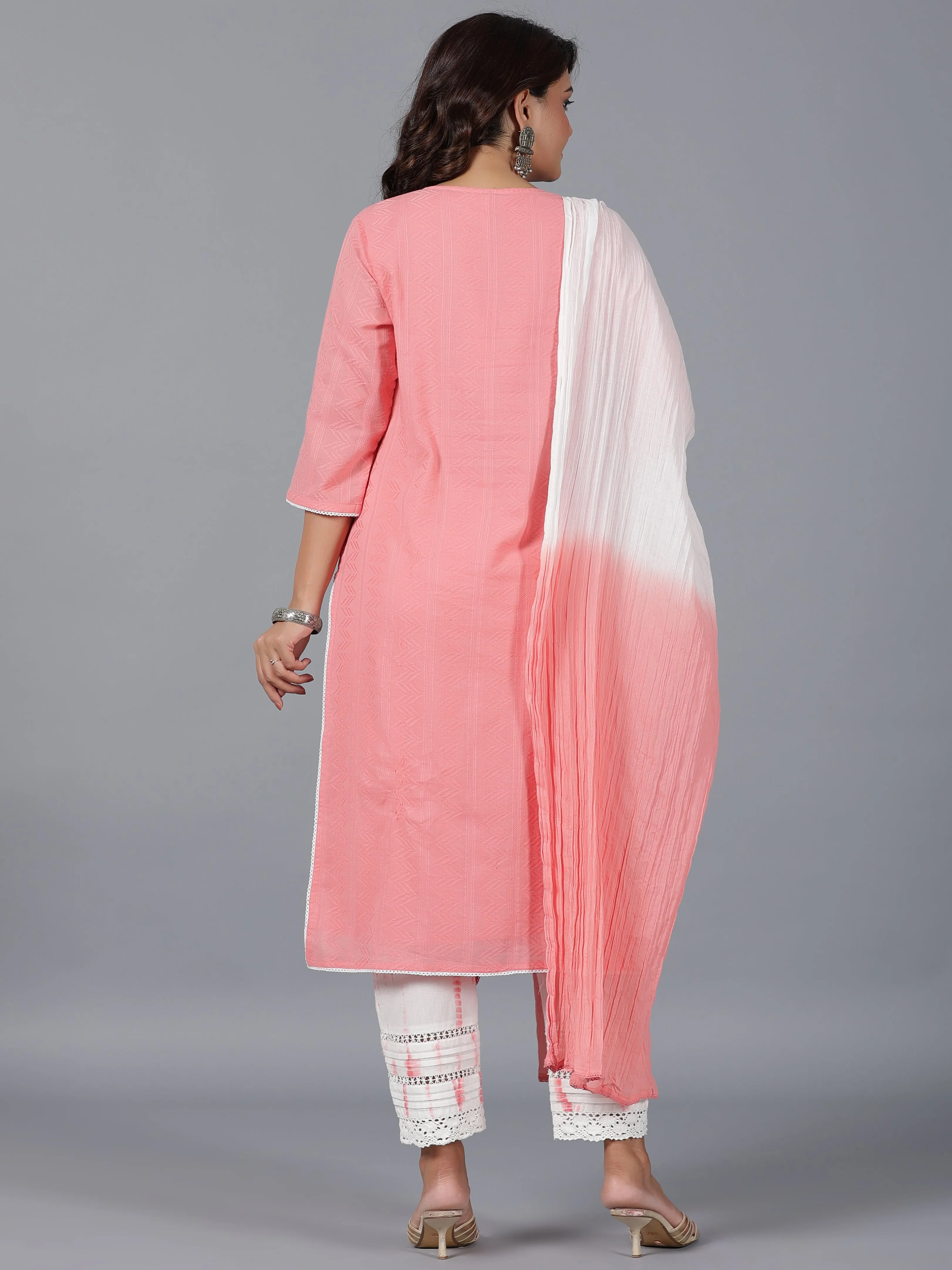 Juniper Women Peach Cotton Dobby Embroidered Kurta, Pants & Dupatta Set