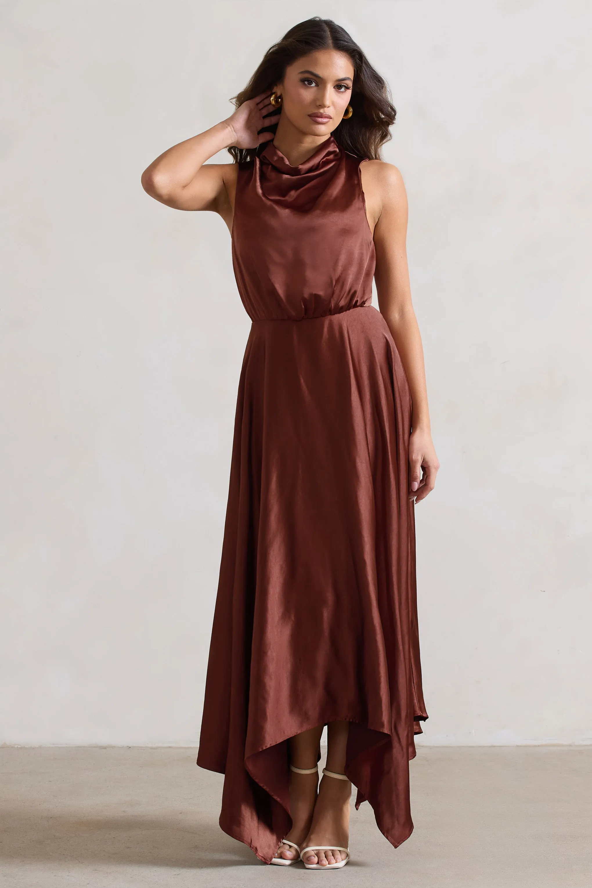 Kerri | Chocolate Brown Satin Cowl-Neck Maxi Dress