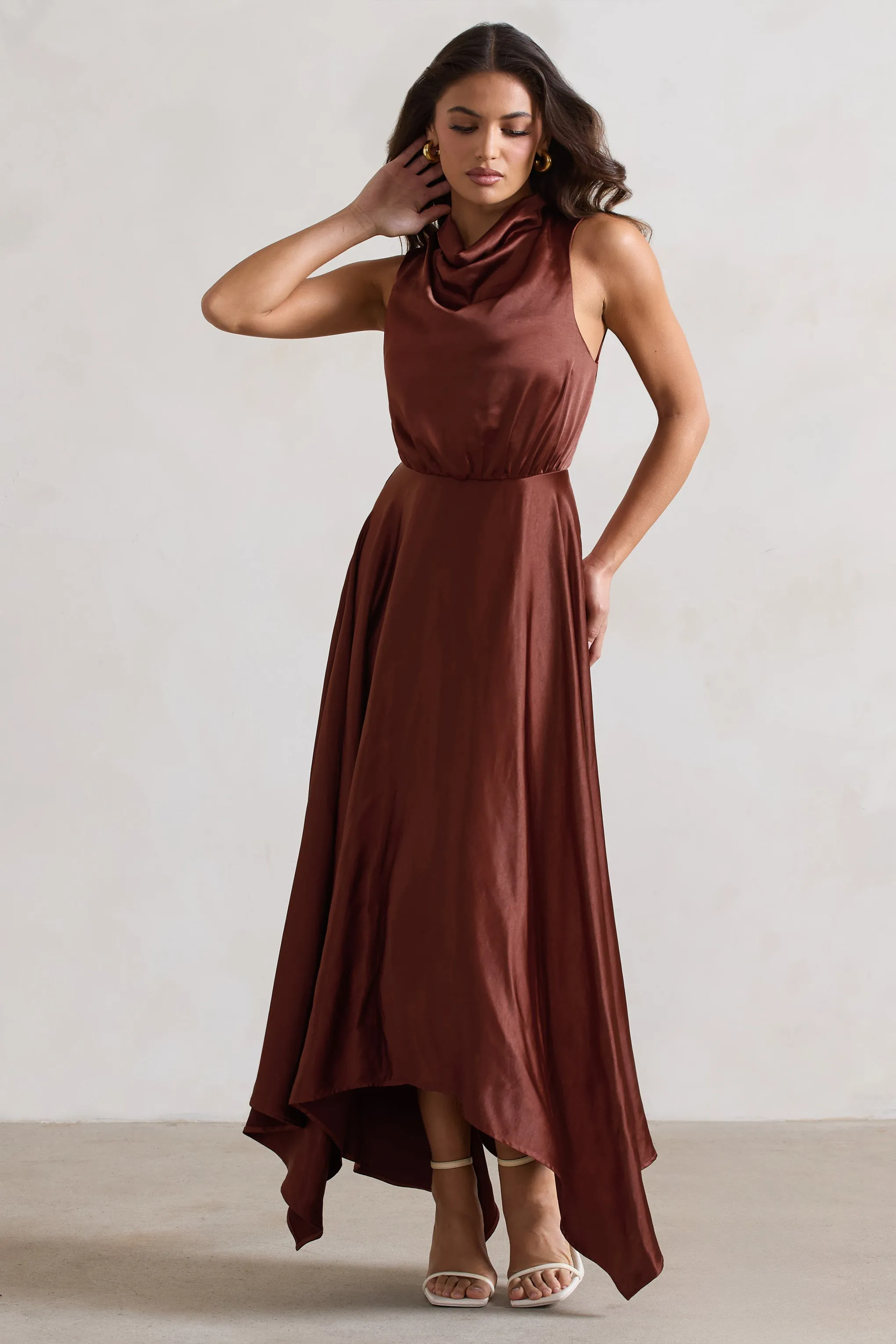 Kerri | Chocolate Brown Satin Cowl-Neck Maxi Dress