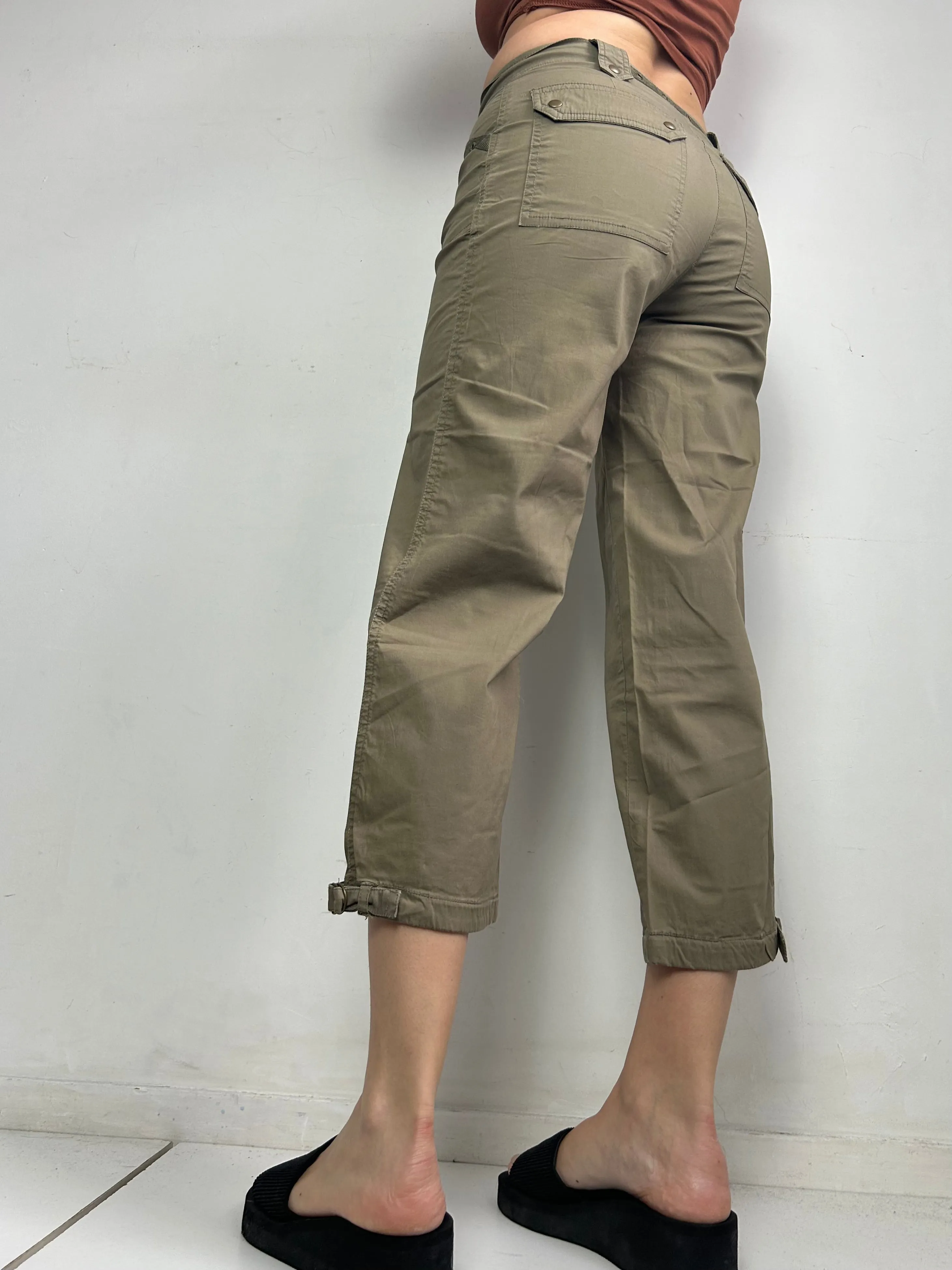 Khaki cargo cotton low waist baggy capris pants (S)