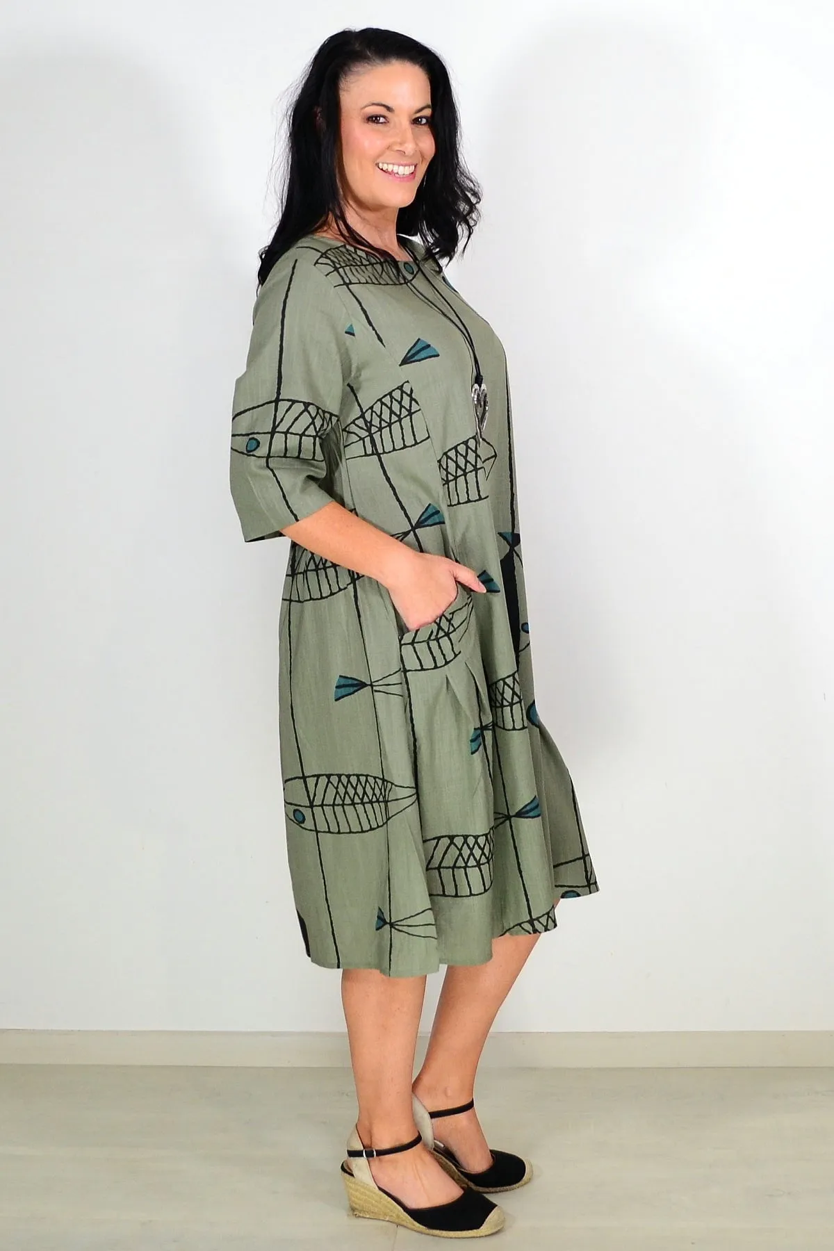 Khaki Cotton Linen Tunic Dress