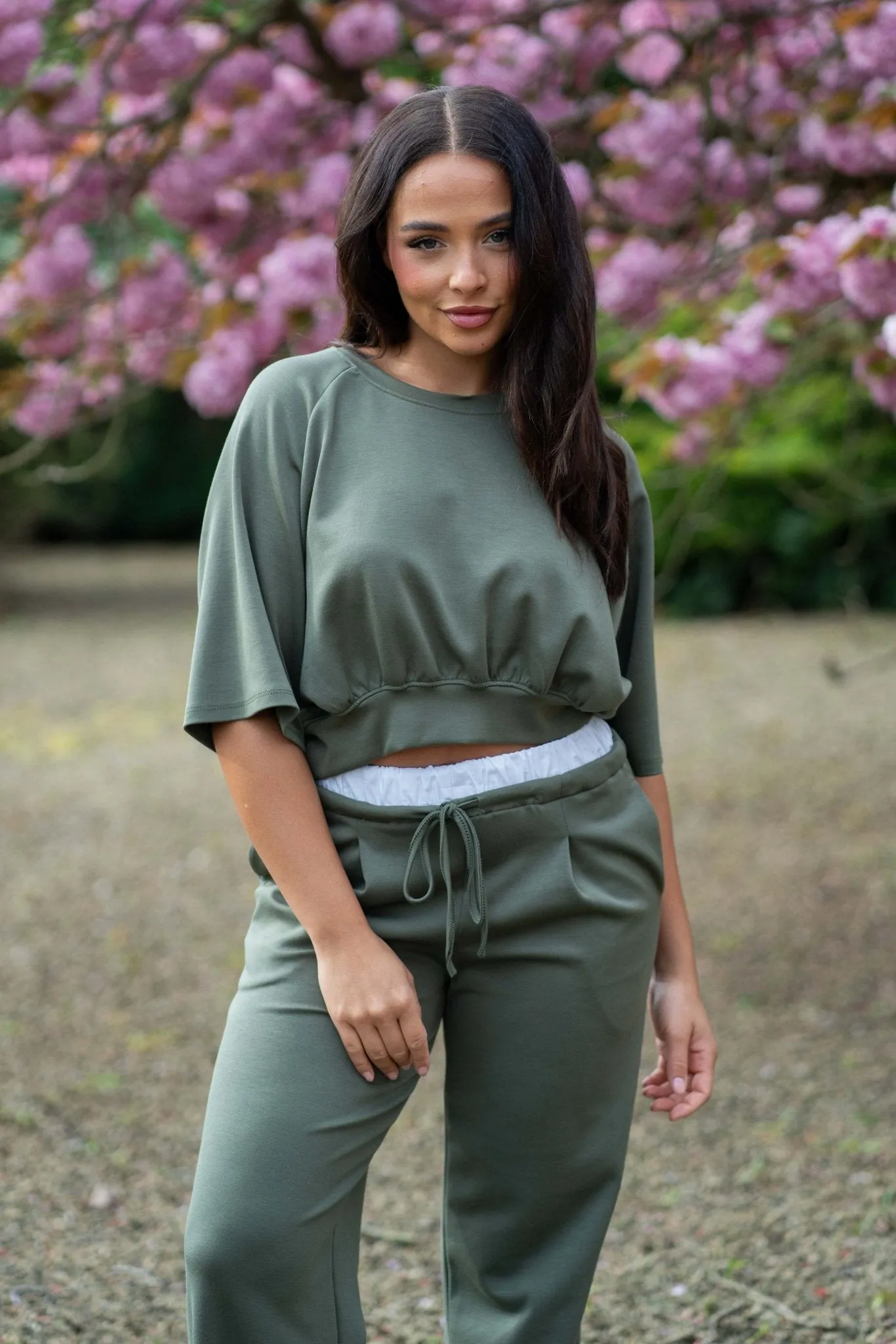 Khaki Round Neck Cropped Top