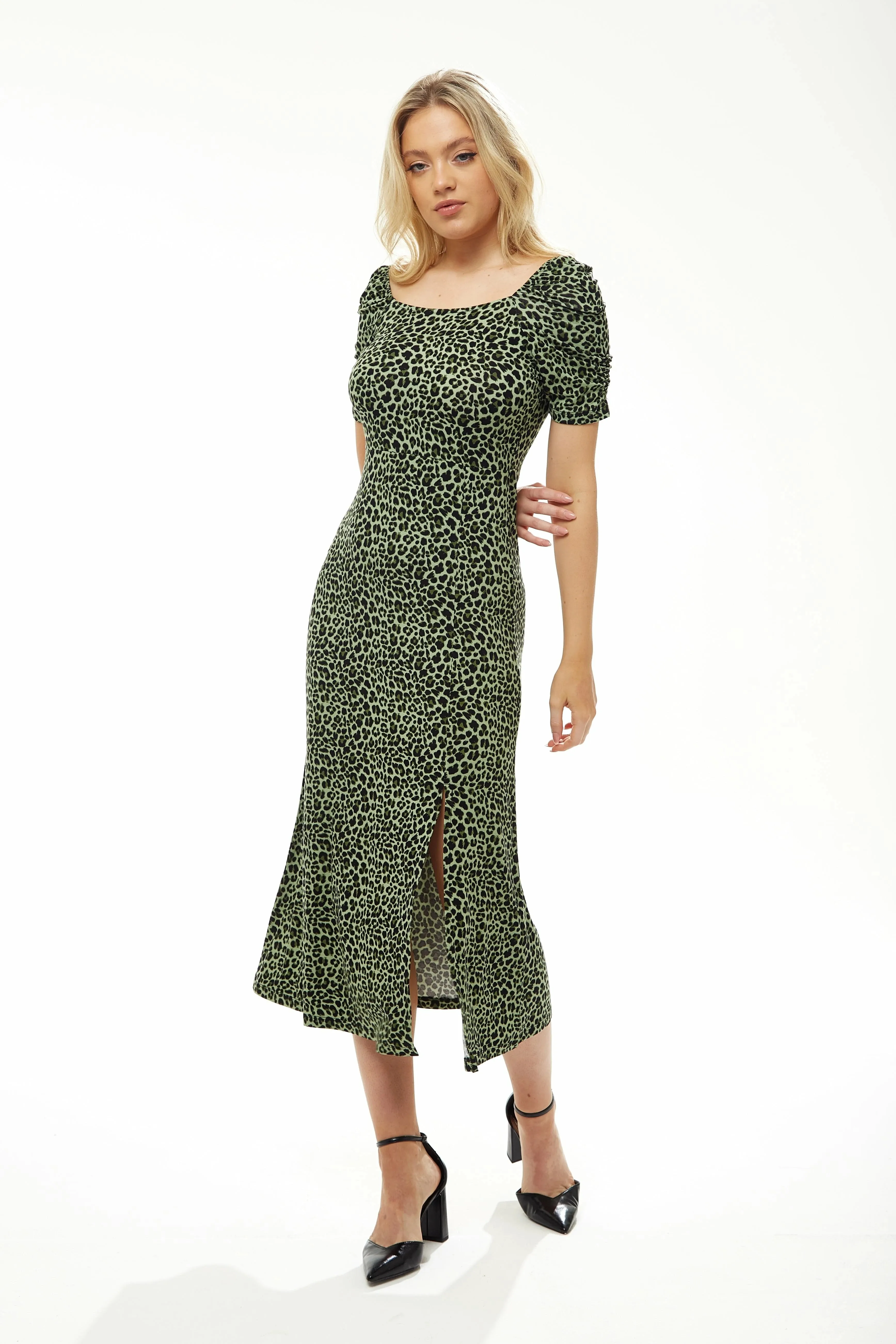 Liquorish Fitted Midi Dress In Khaki Animal Print