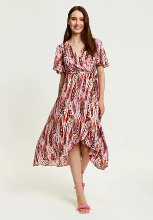 Liquorish Paisley Print Midi Wrap Dress In Brown And Pink