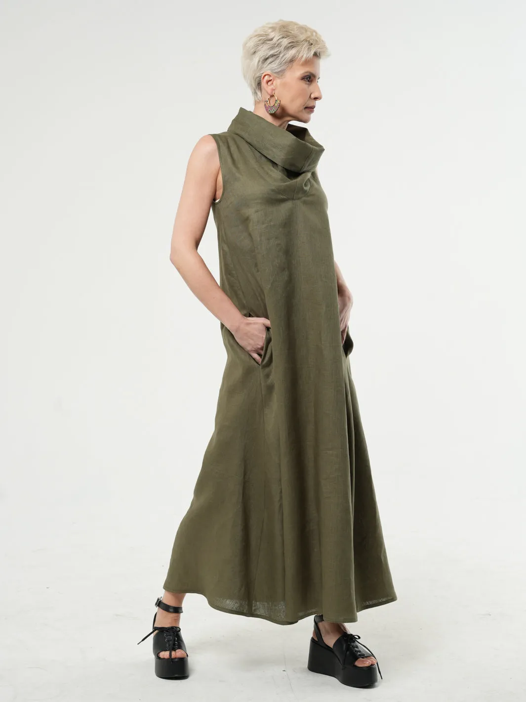 Maxi Linen Dress With Large Collar in Khaki