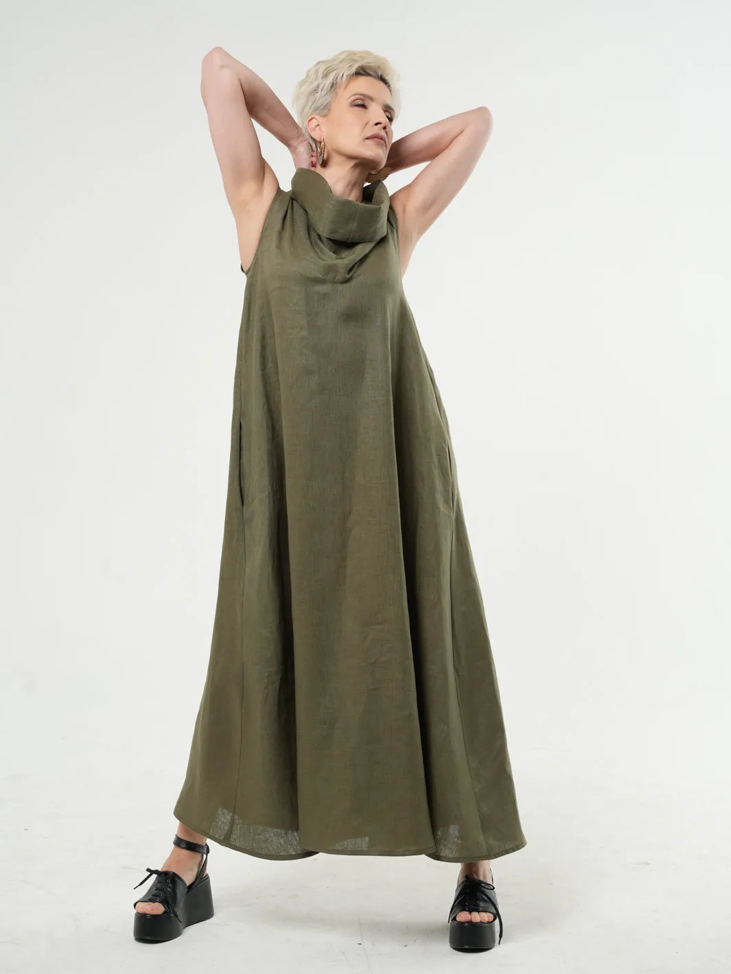 Maxi Linen Dress With Large Collar in Khaki