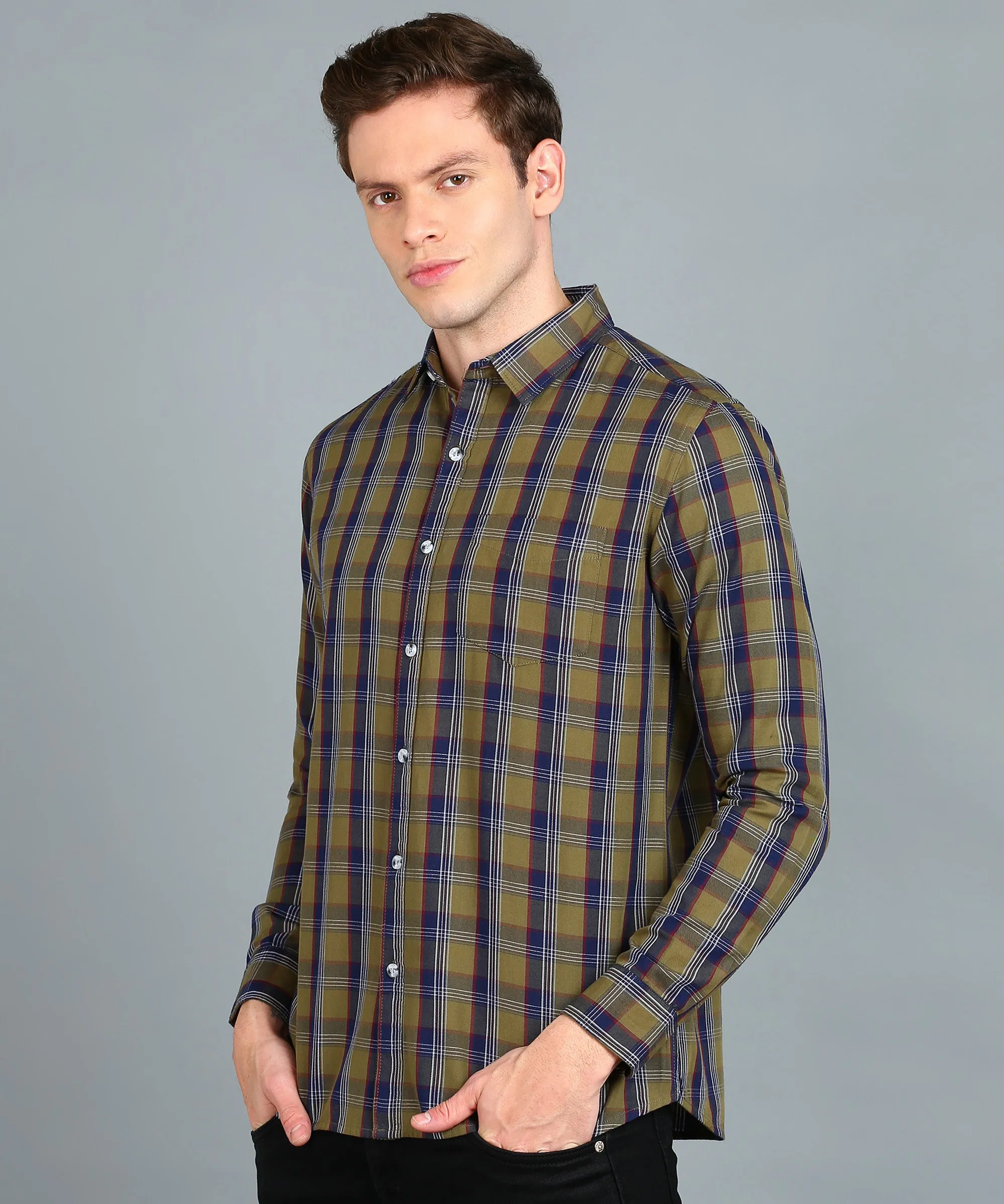 Men's Beige, Blue Cotton Full Sleeve Slim Fit Casual Checkered Shirt