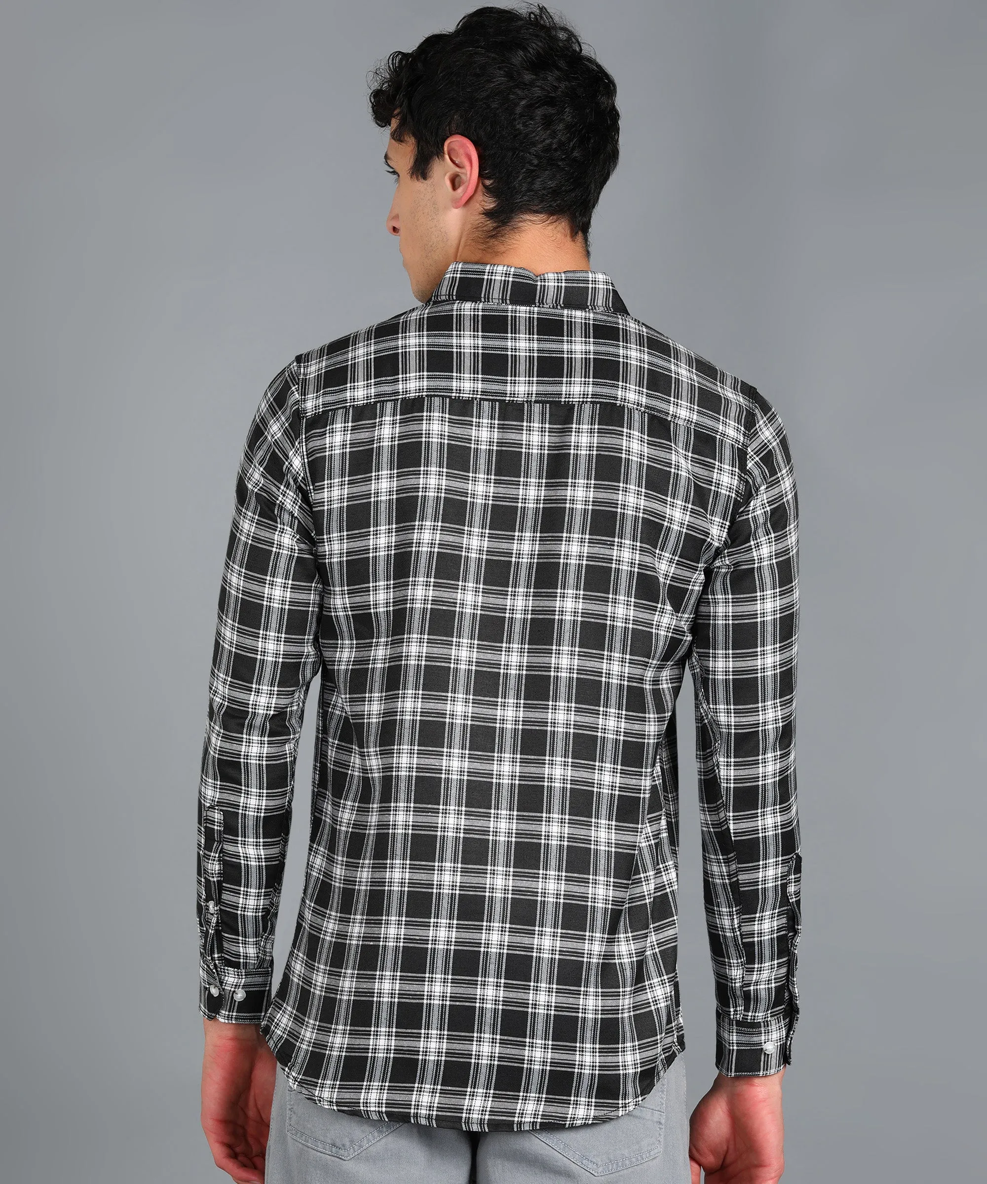 Men's Black Cotton Full Sleeve Slim Fit Casual Checkered Shirt