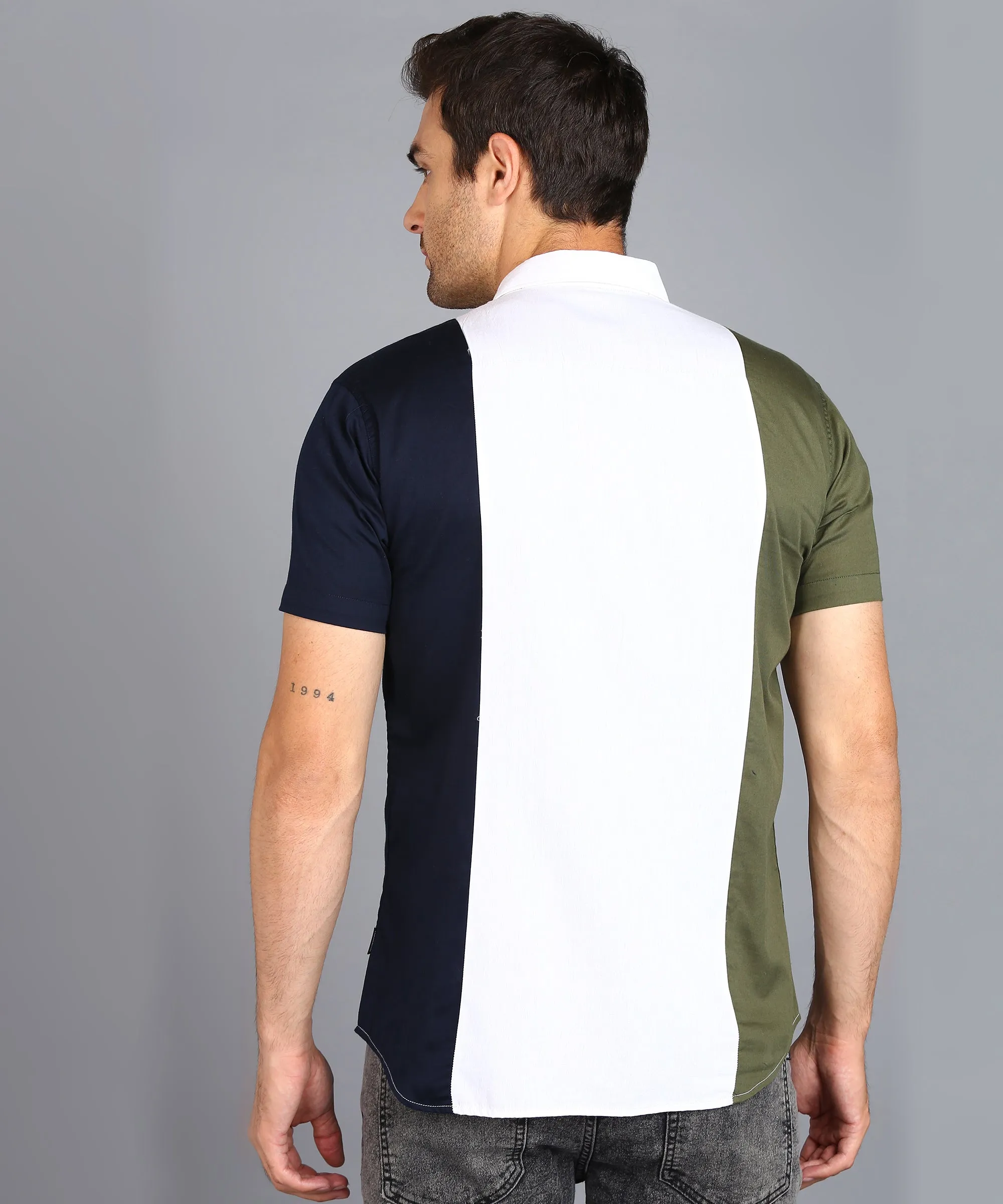 Men's Blue, White, Green Cotton Half Sleeve Slim Fit Casual Colorblock Shirt