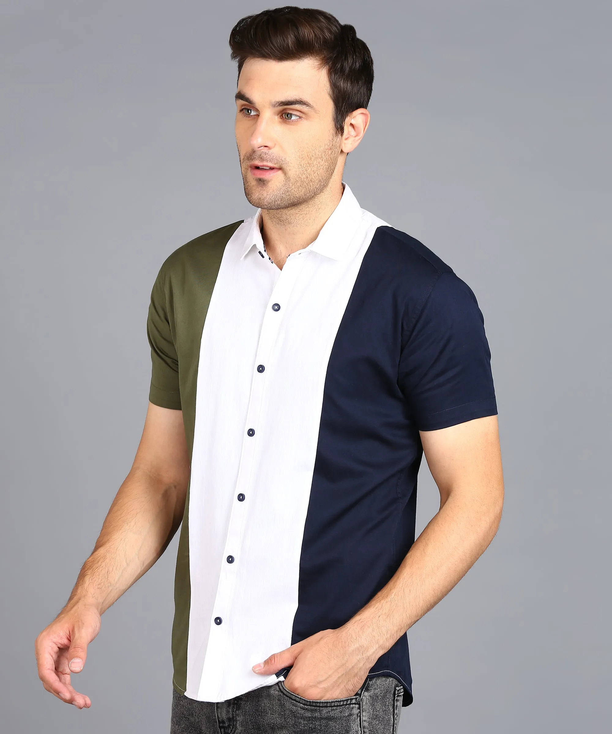 Men's Blue, White, Green Cotton Half Sleeve Slim Fit Casual Colorblock Shirt