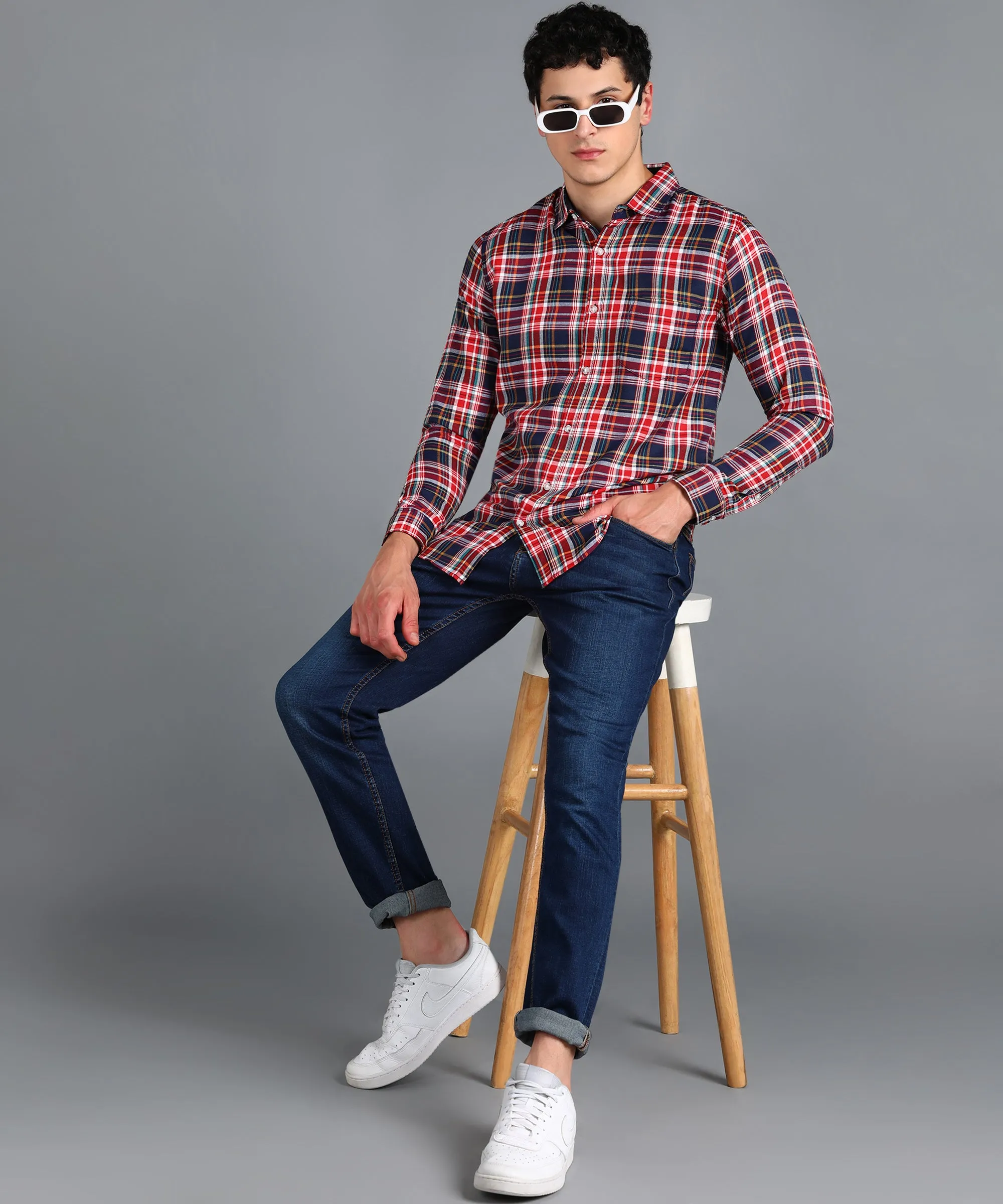 Men's Red Cotton Full Sleeve Slim Fit Casual Checkered Shirt