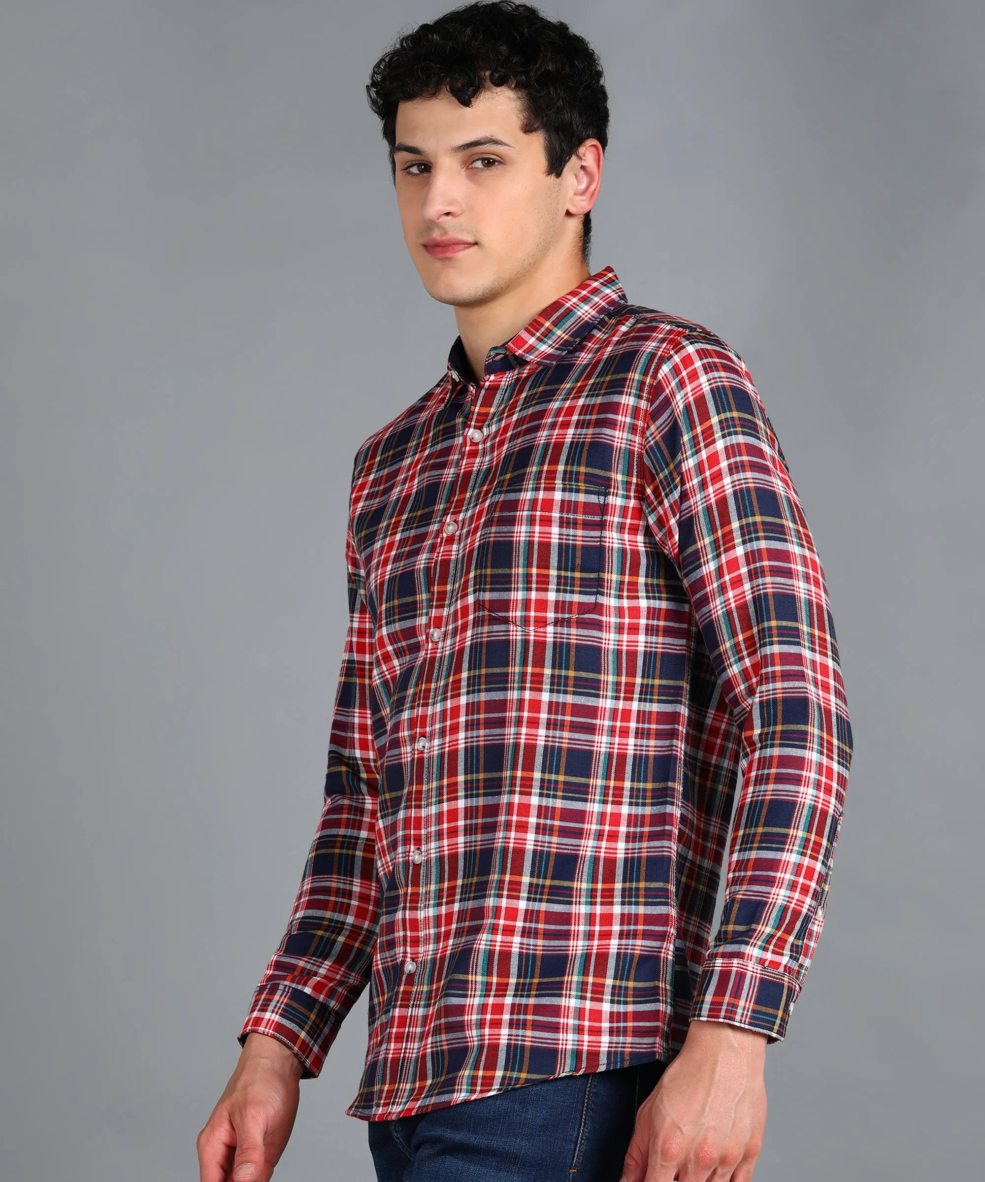 Men's Red Cotton Full Sleeve Slim Fit Casual Checkered Shirt