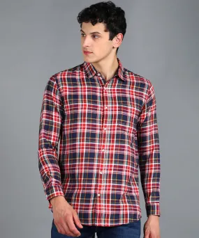 Men's Red Cotton Full Sleeve Slim Fit Casual Checkered Shirt