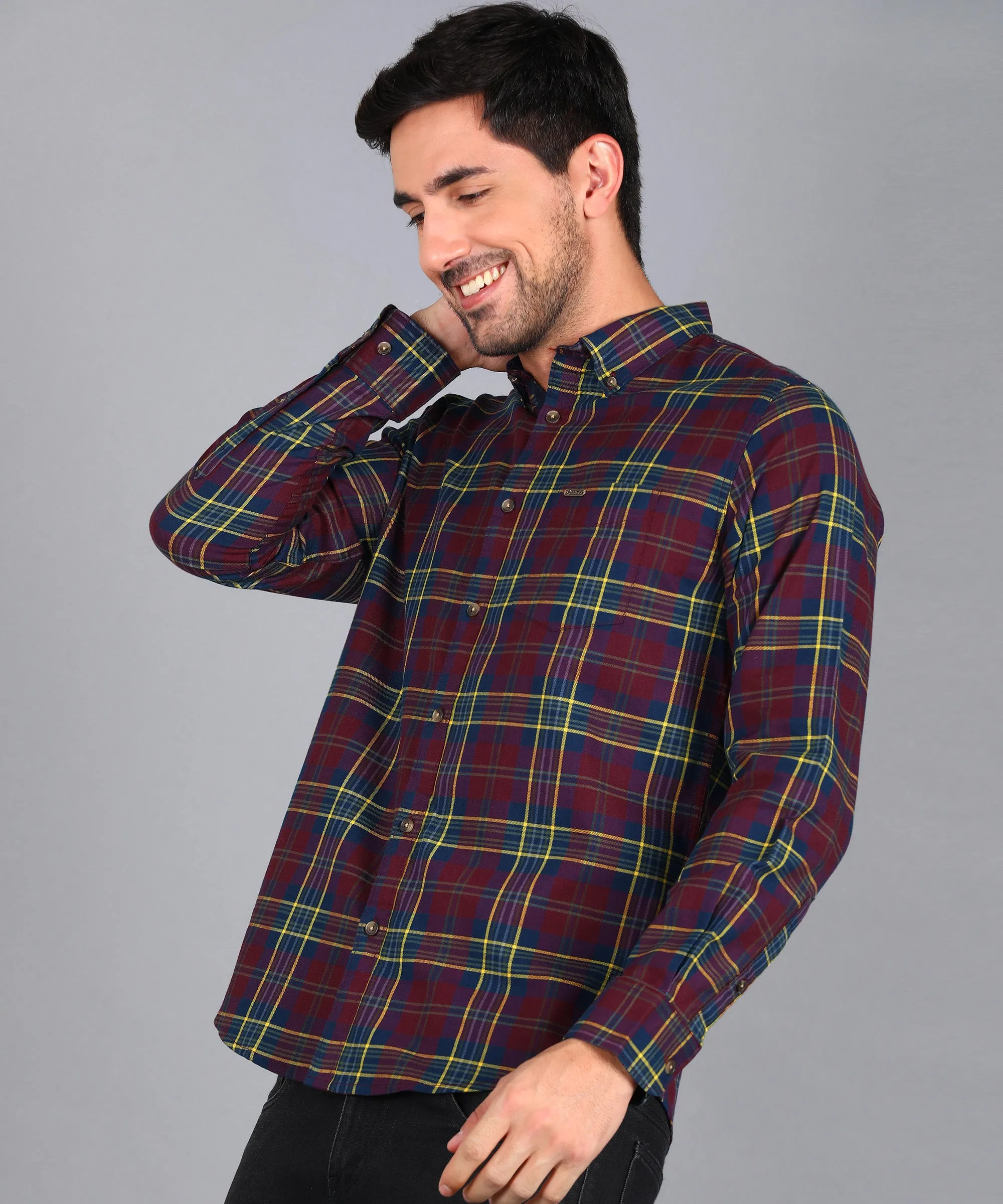 Men's Red Cotton Full Sleeve Slim Fit Casual Checkered Shirt