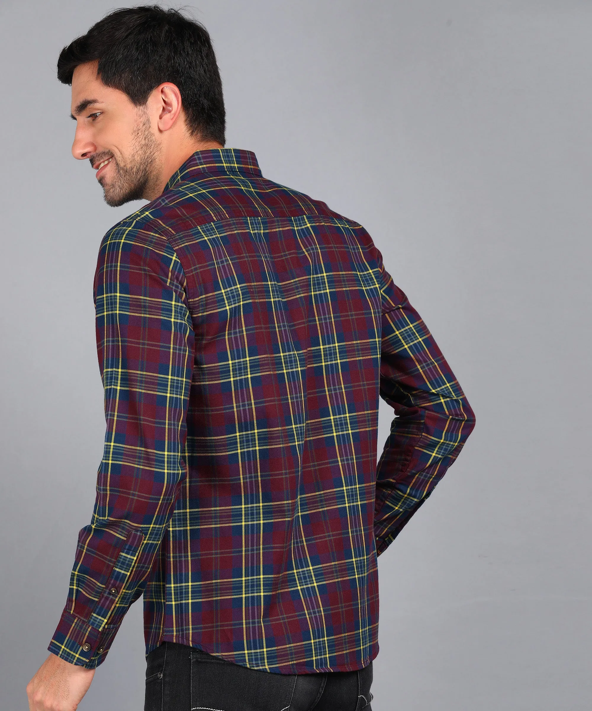 Men's Red Cotton Full Sleeve Slim Fit Casual Checkered Shirt